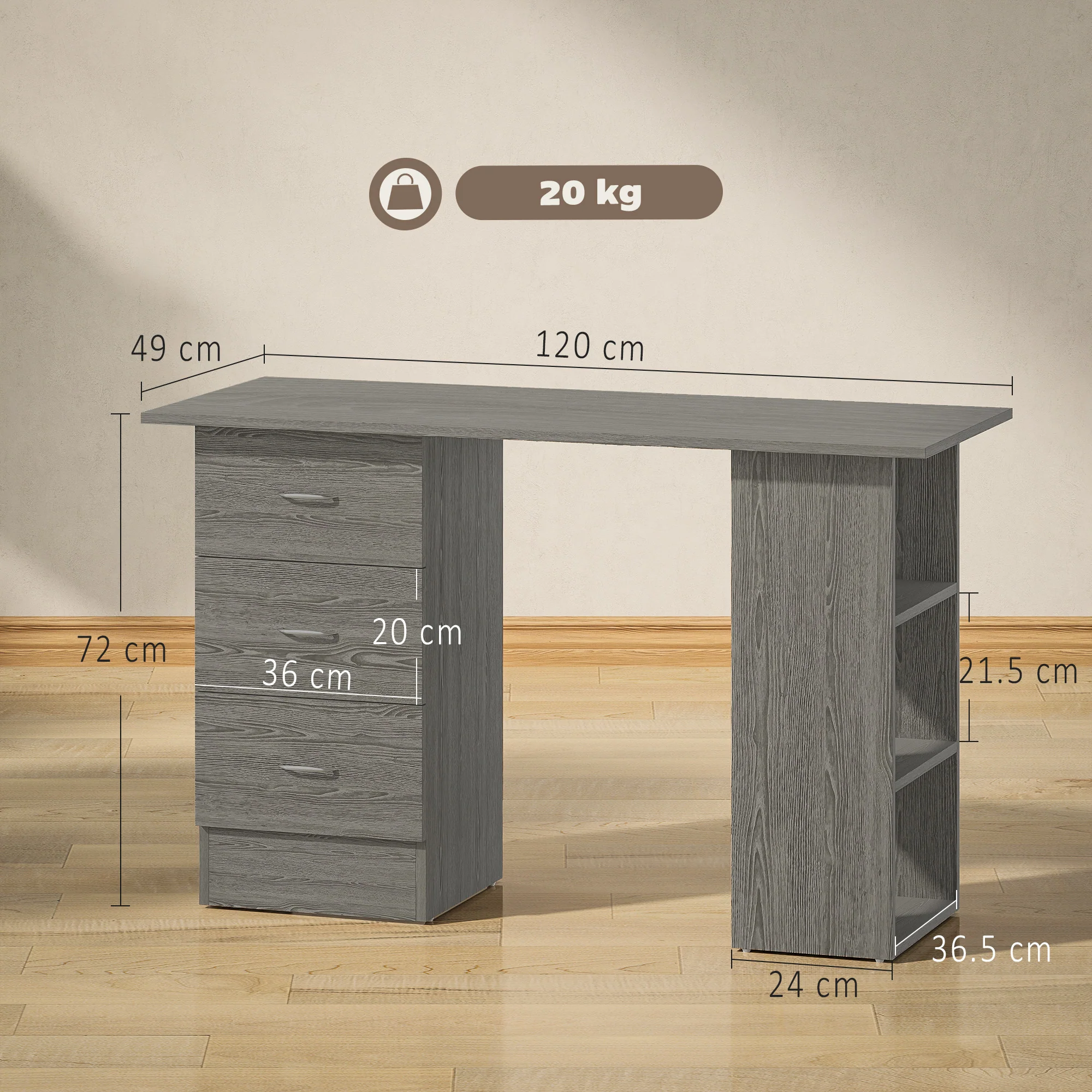 HOMCOM 120cm Computer Desk, Study Table With 3 Shelf & Drawers - Image 5