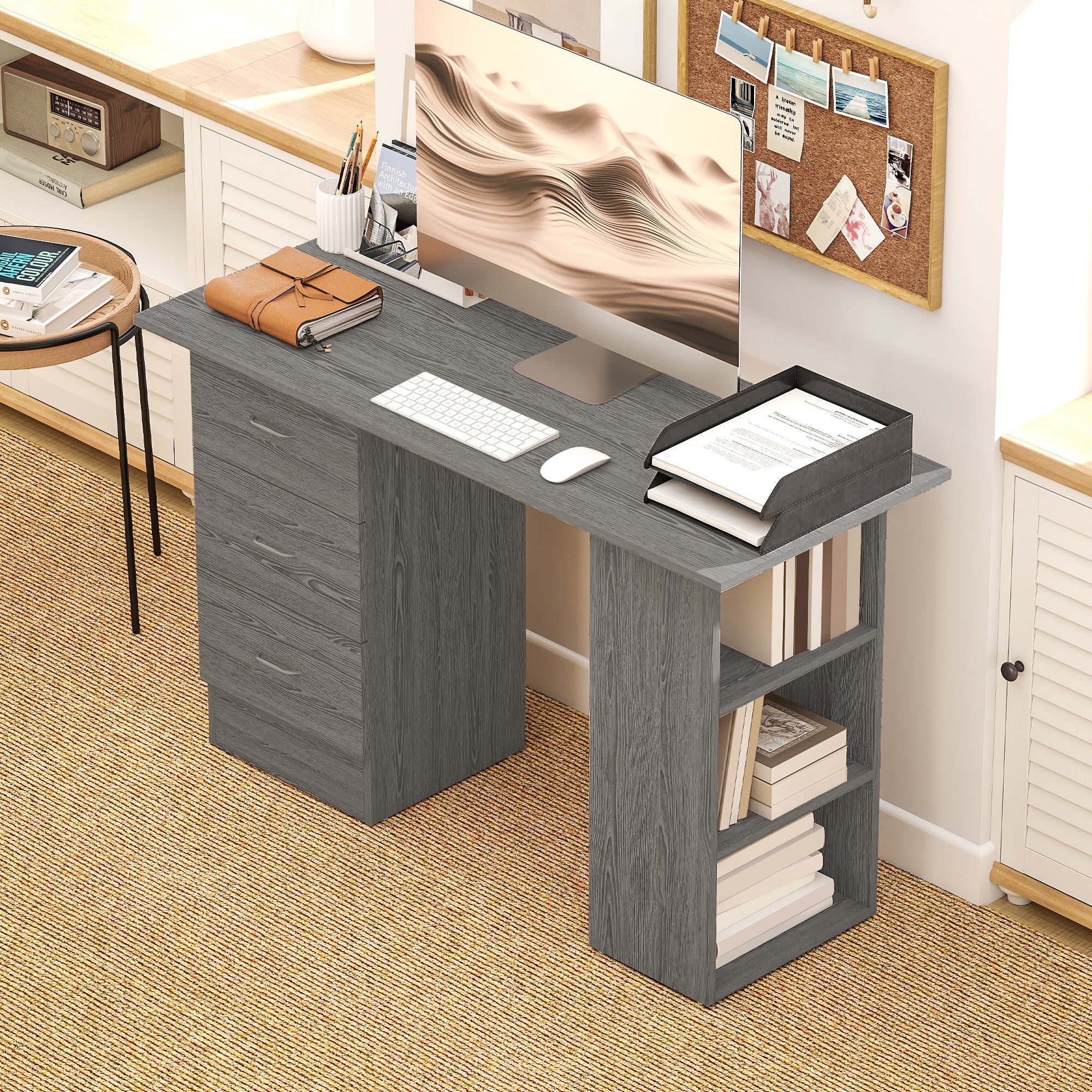 HOMCOM 120cm Computer Desk, Study Table With 3 Shelf & Drawers - Image 7