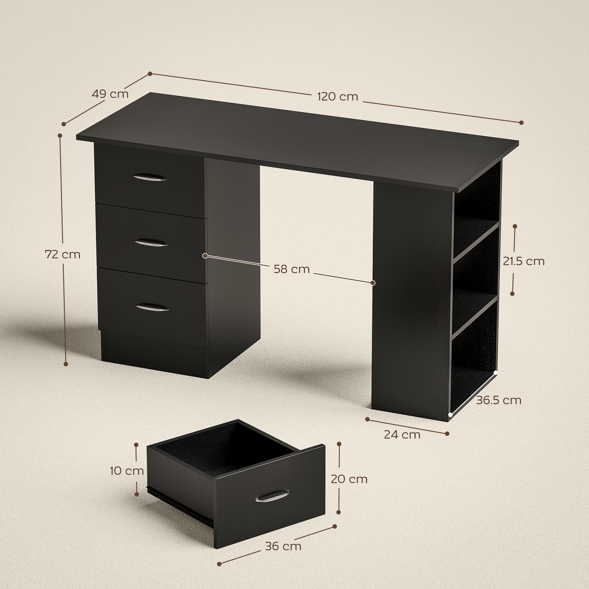 HOMCOM 120cm PC Table Workstation Computer Desk with Drawers & 3 Shelf Black - Image 5