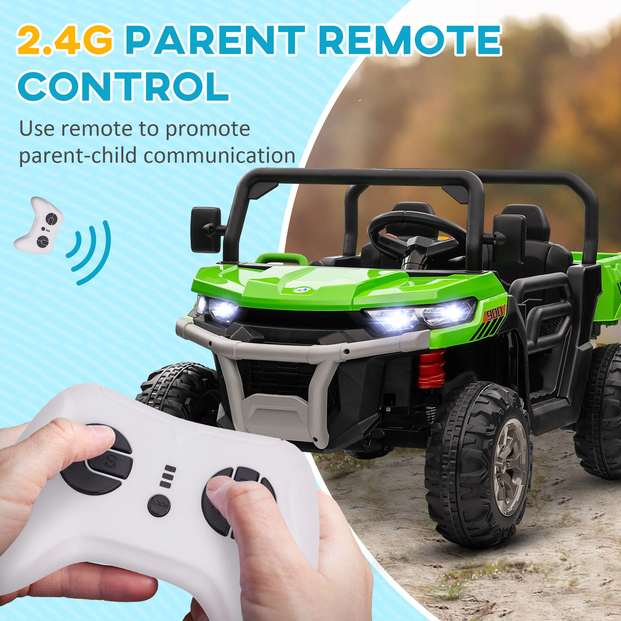 HOMCOM 12V Two-Seater Kids Electric Ride-On Car W/ Electric Bucket - Green - Image 3