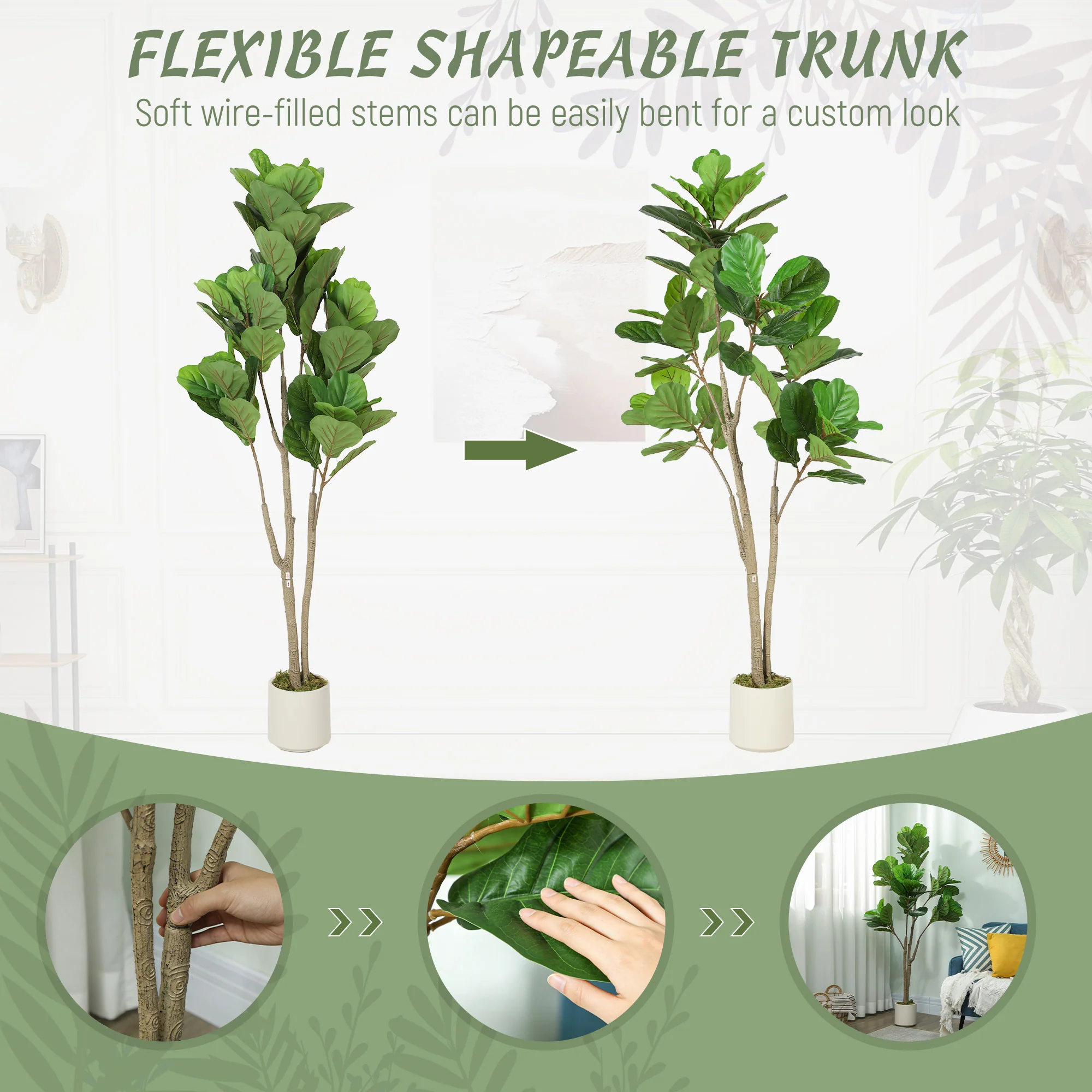 HOMCOM 150cm Artificial Fiddle Leaf Fig Tree, Realistic Fake Plant, Green - Image 6