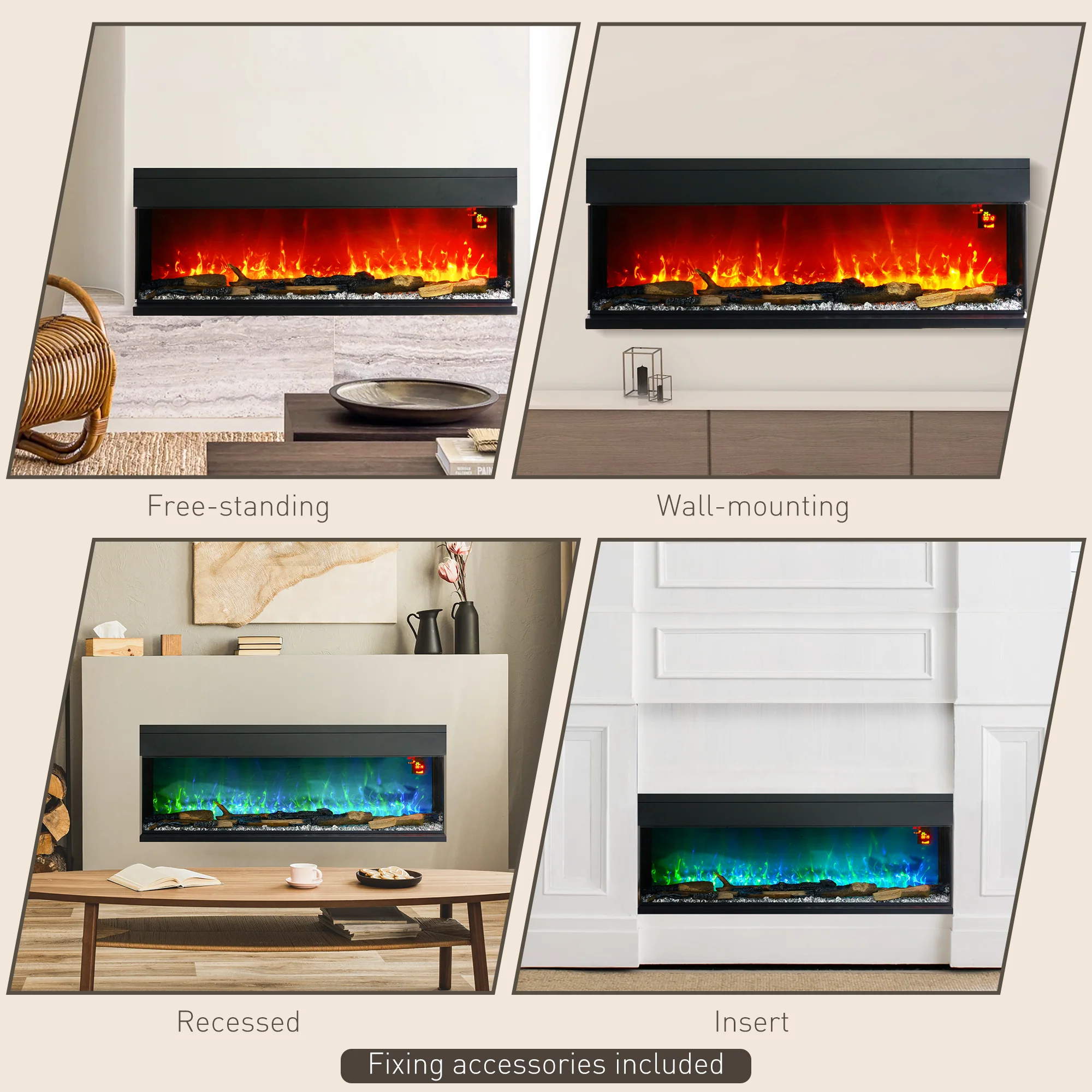 HOMCOM 152.4cm Electric Fireplace Recessed, Insert, Wall Mount, Freestanding - Image 8