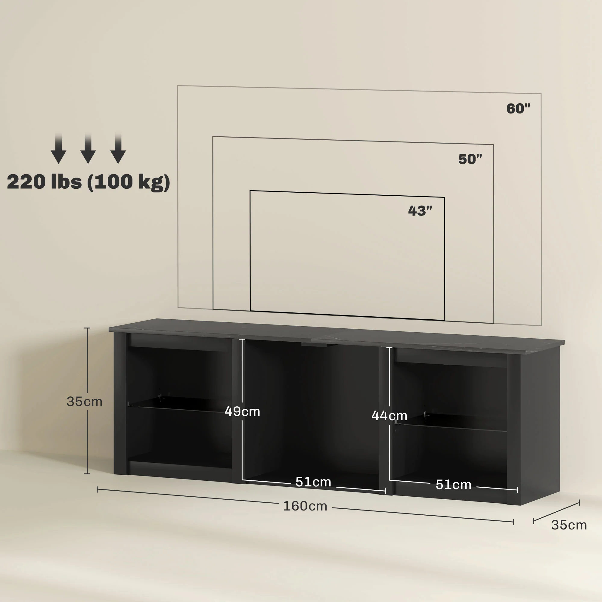 HOMCOM 160cm TV Unit W/ LED Lights For 65 Inch TV Modern TV Stand Cabinet Black - Image 5