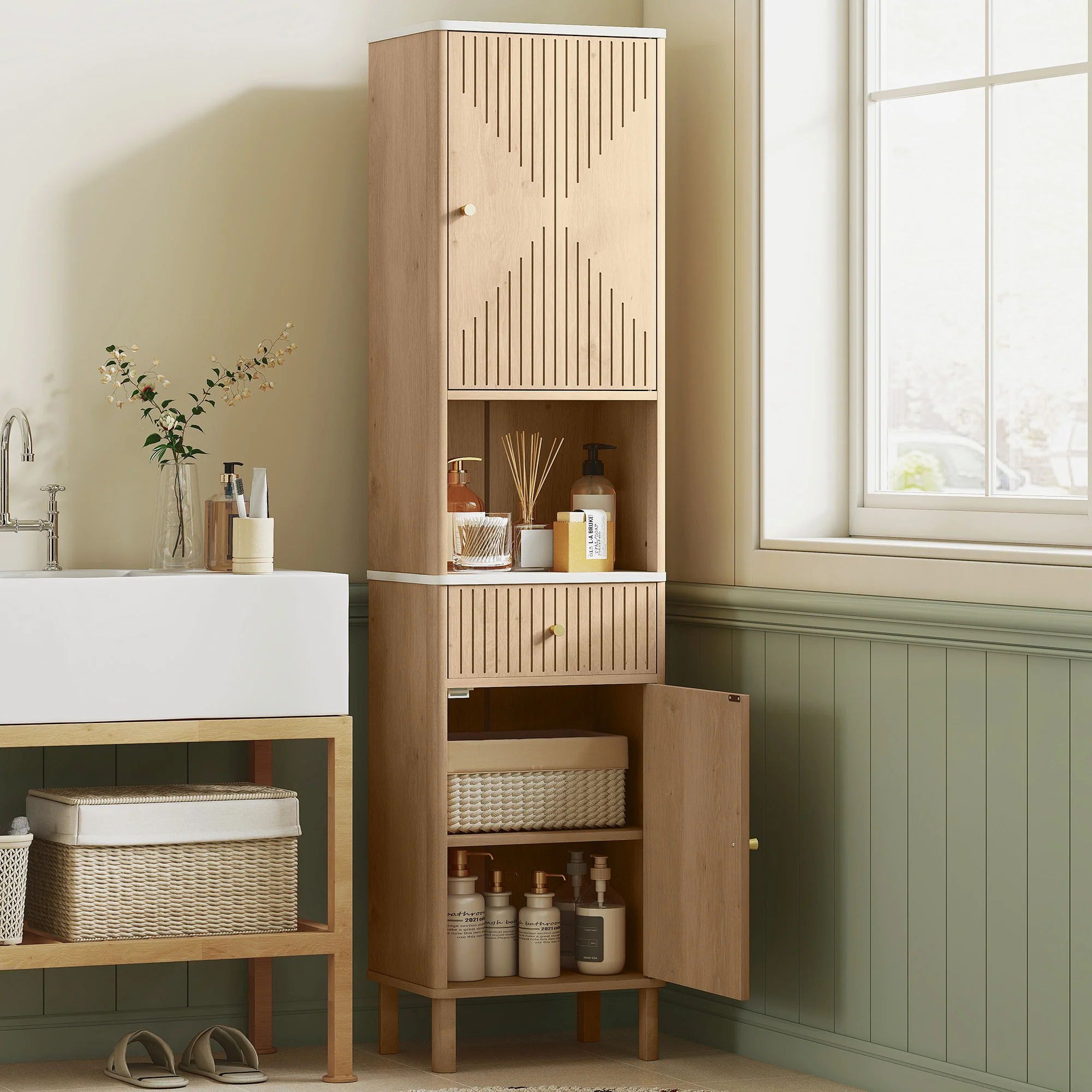 HOMCOM 168 cm Tall Bathroom Cabinet with Drawer and Adjustable Shelves, Oak - Image 2