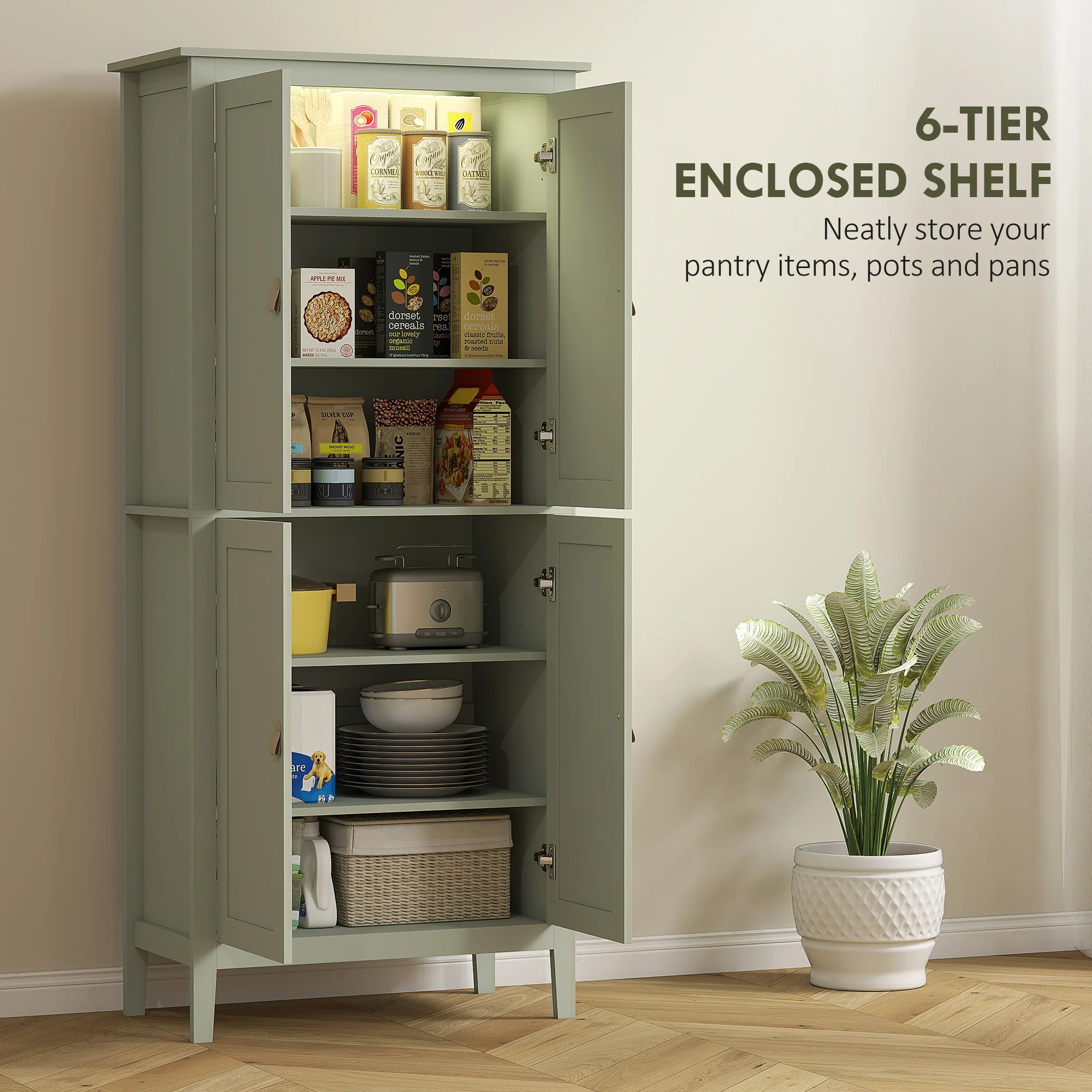 HOMCOM 176.5 Cm Tall Freestanding Pantry Storage Cabinet With 4 Doors - Image 4