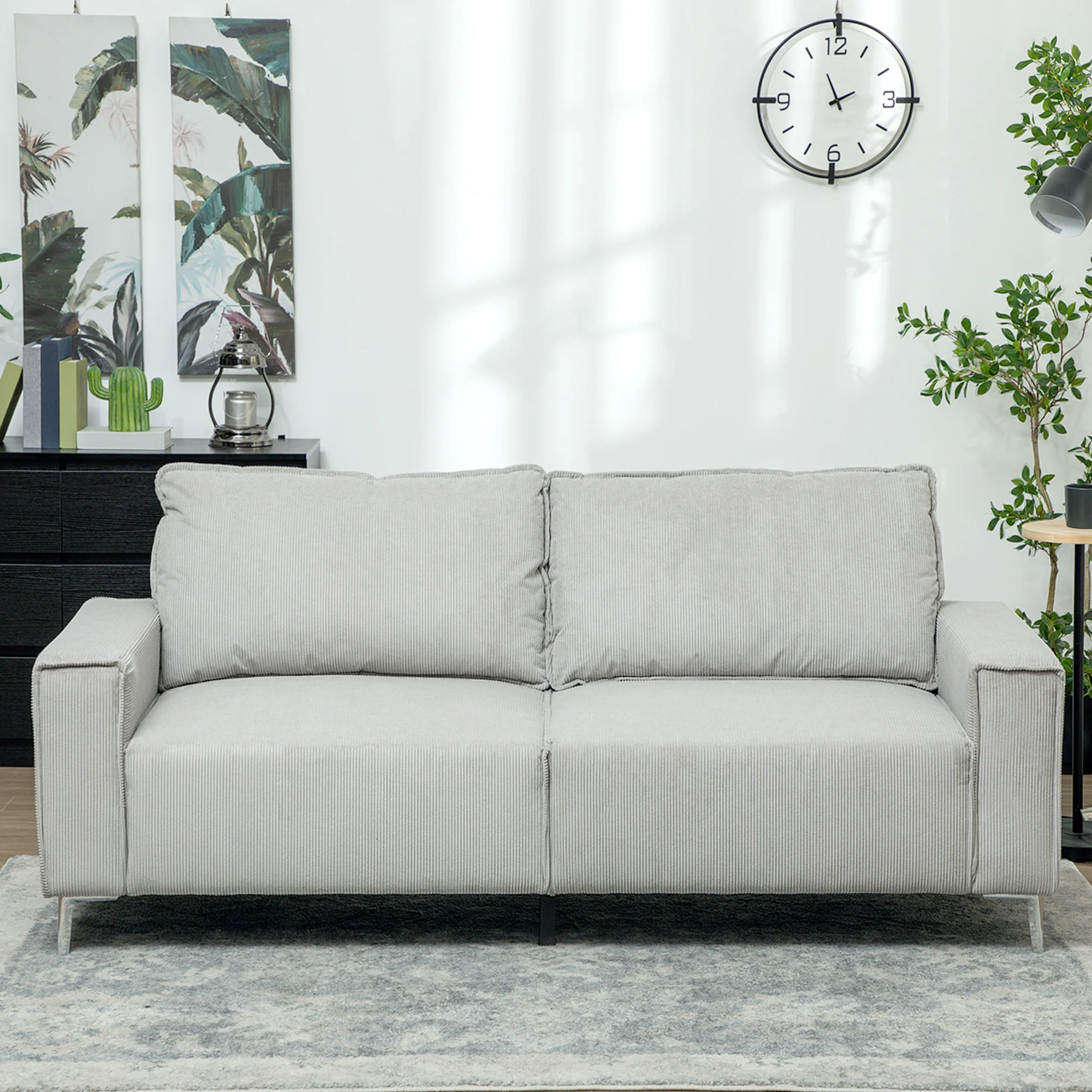 HOMCOM 193cm Upholstered Corduroy Settee with Spring Cushion, Light Grey - Image 7