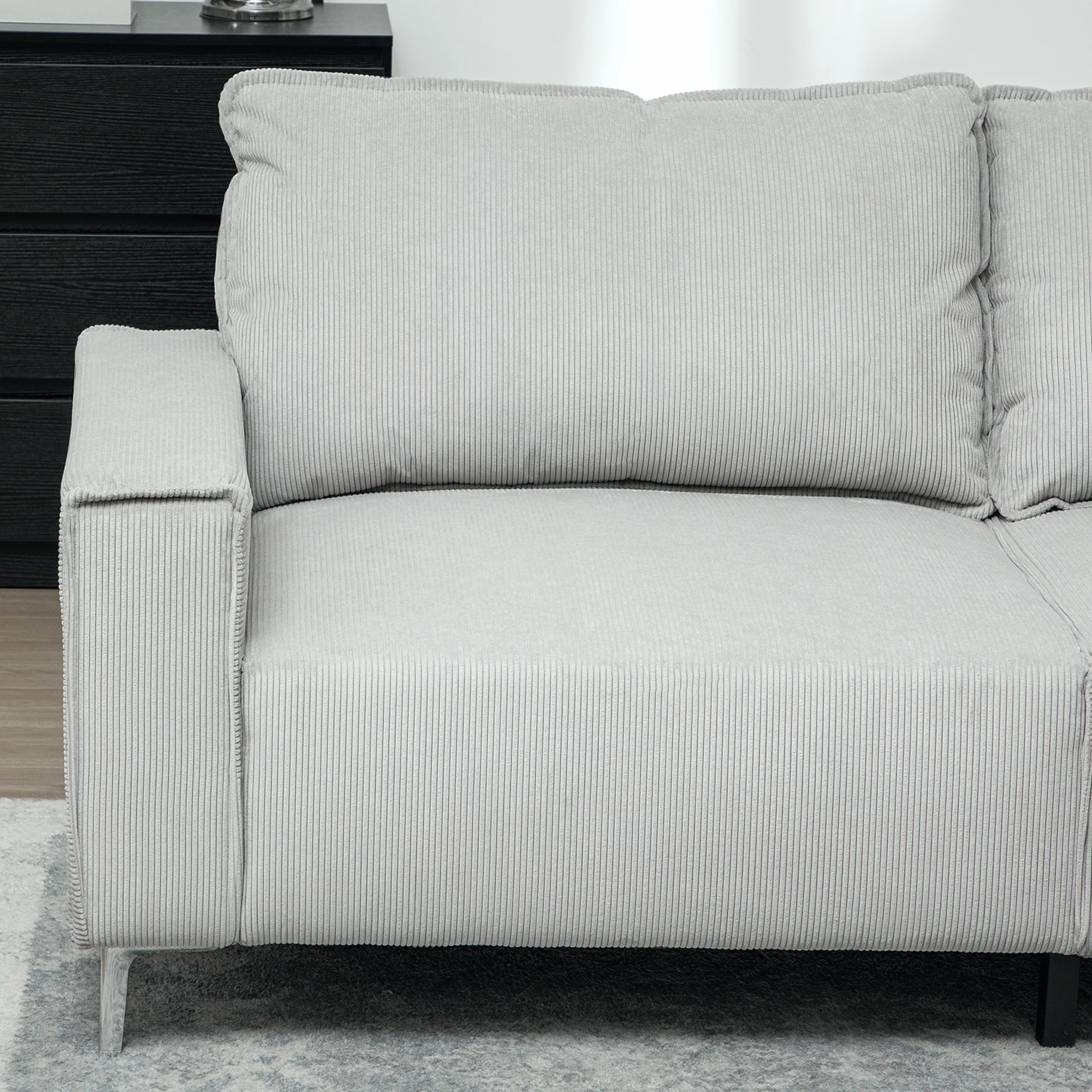HOMCOM 193cm Upholstered Corduroy Settee with Spring Cushion, Light Grey - Image 8