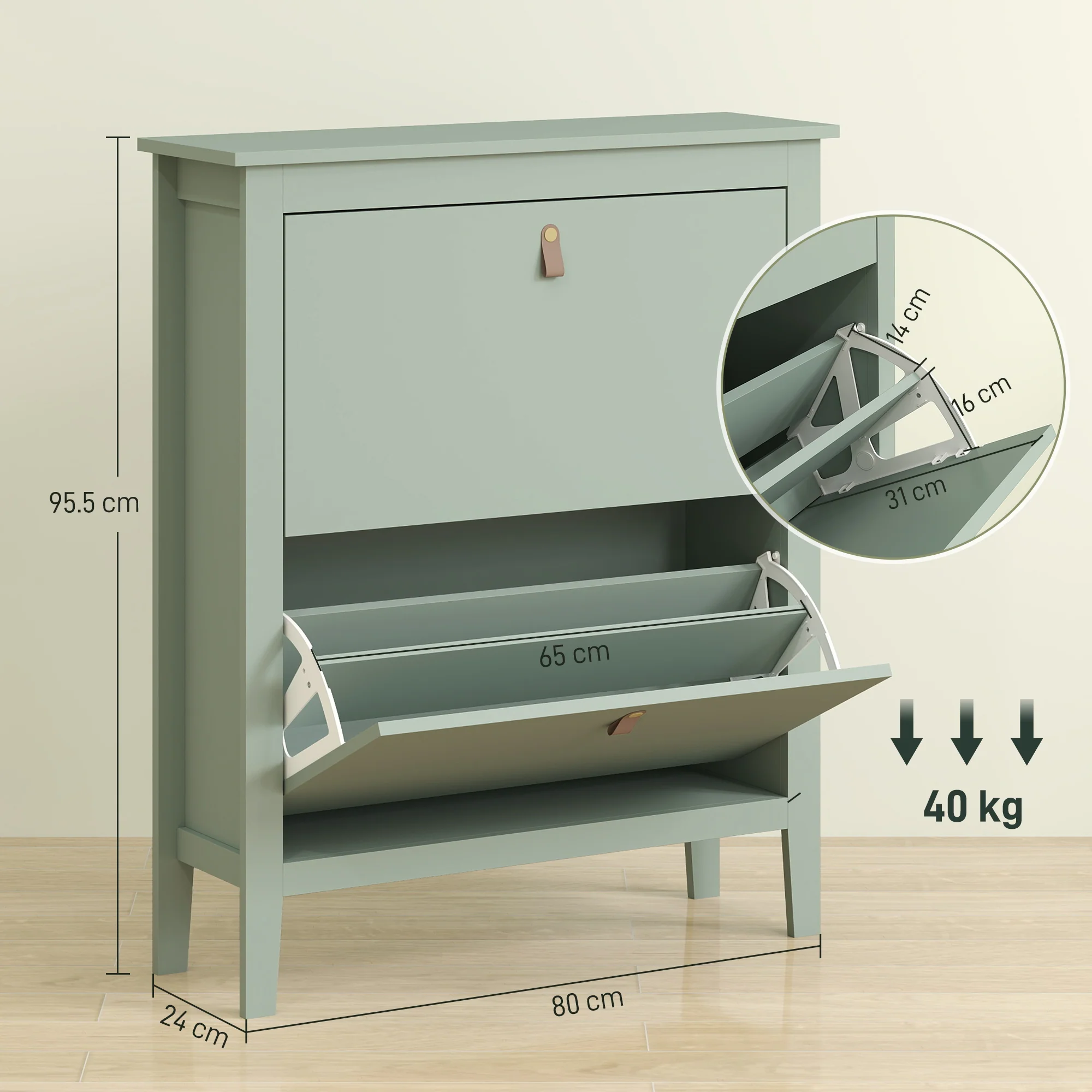 HOMCOM 2 Drawer Shoe Cabinet with Flip Doors for Hallway, Entryway, Green - Image 5