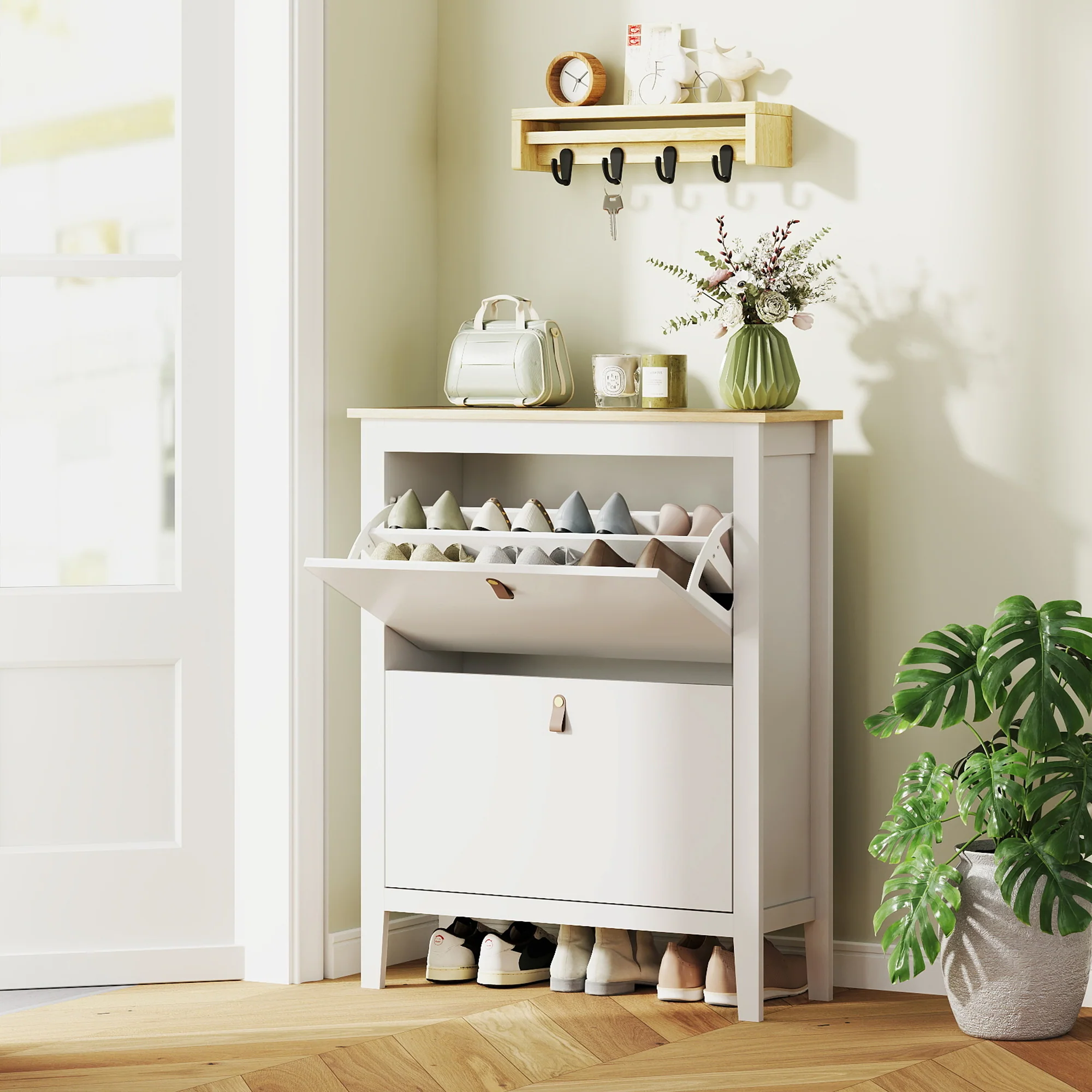 HOMCOM 2 Drawer Shoe Cabinet with Flip Doors for Hallway, Entryway, White - Image 2