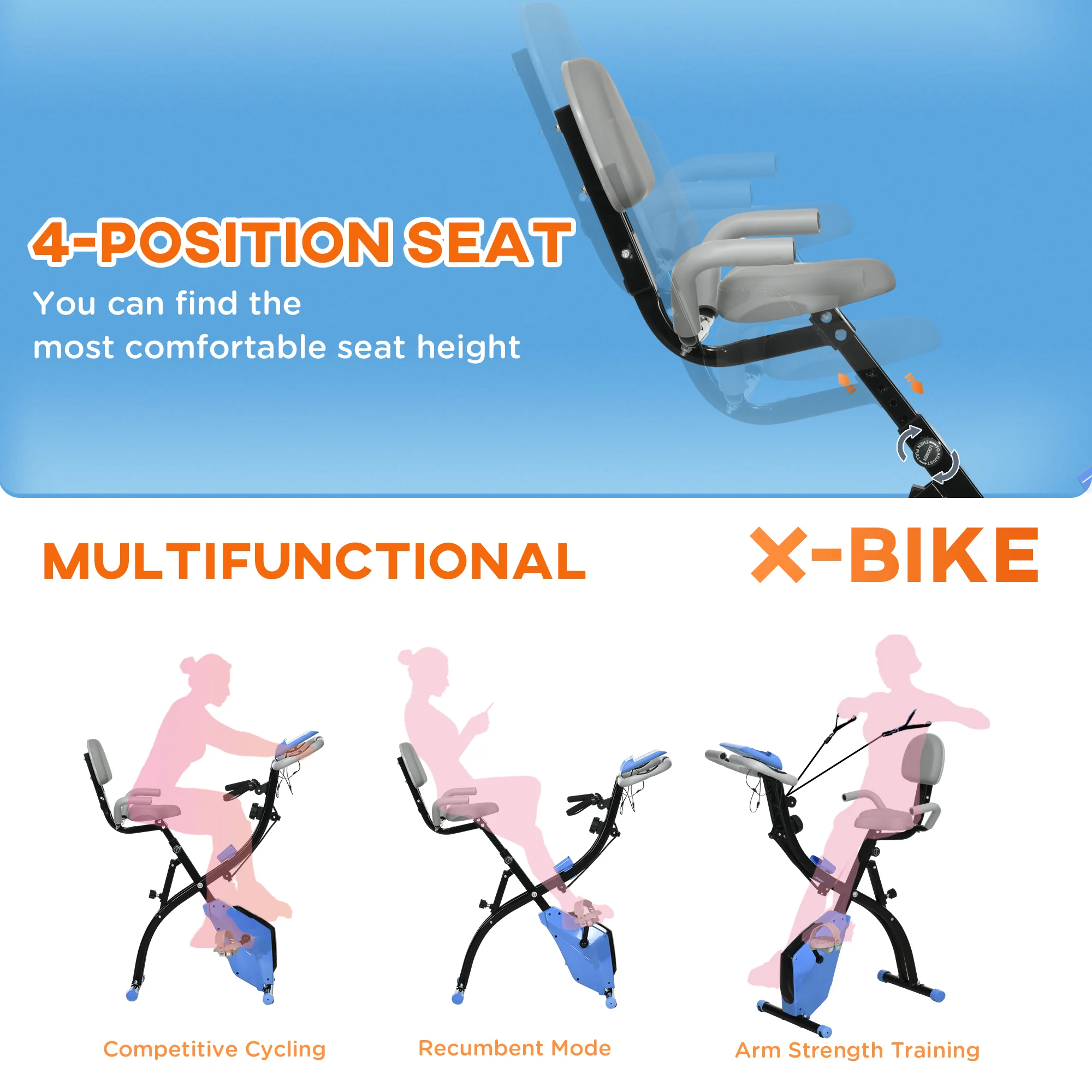 HOMCOM 2-In-1 Folding Exercise Bike with 8-Level Magnetic Resistance Blue - Image 4