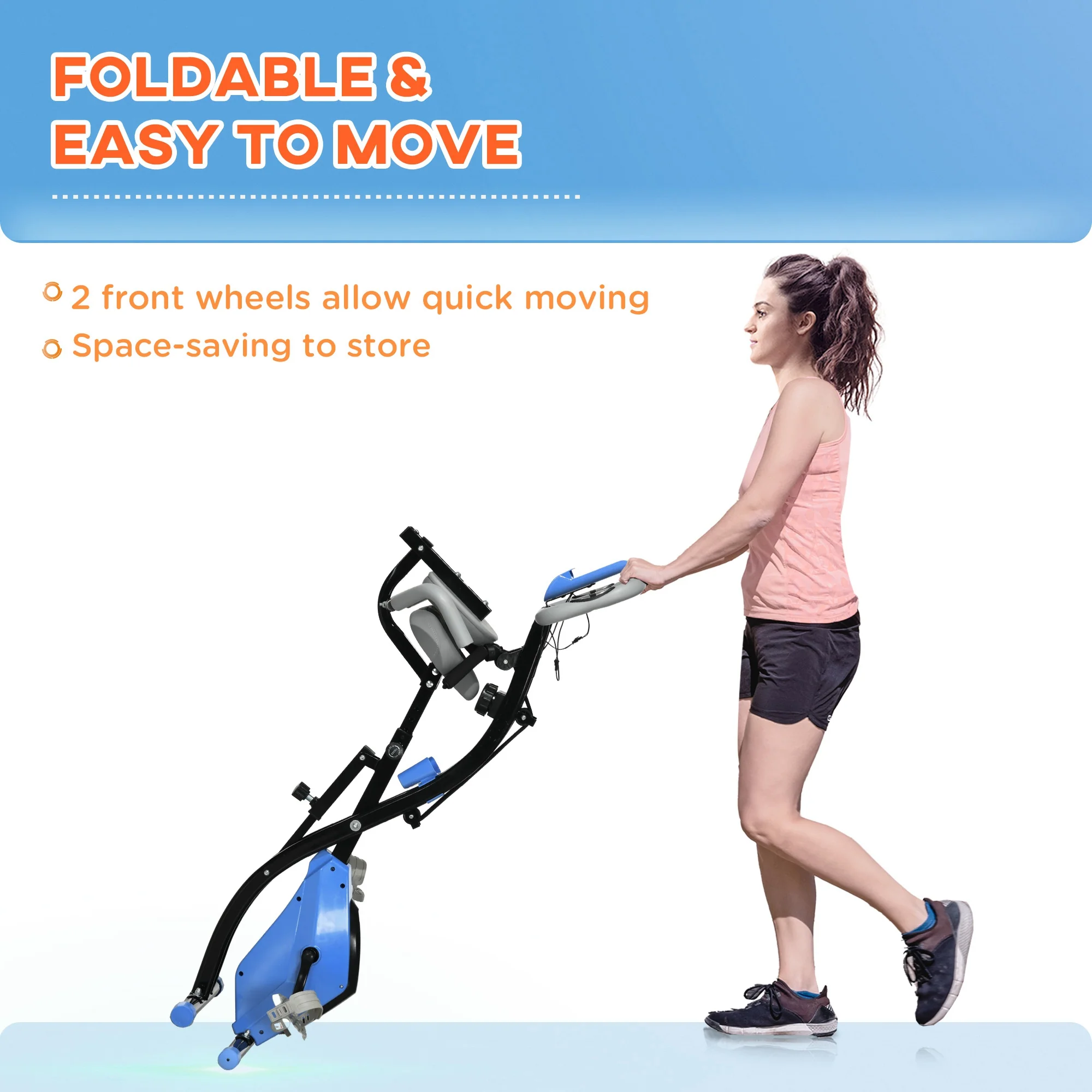 HOMCOM 2-In-1 Folding Exercise Bike with 8-Level Magnetic Resistance Blue - Image 7