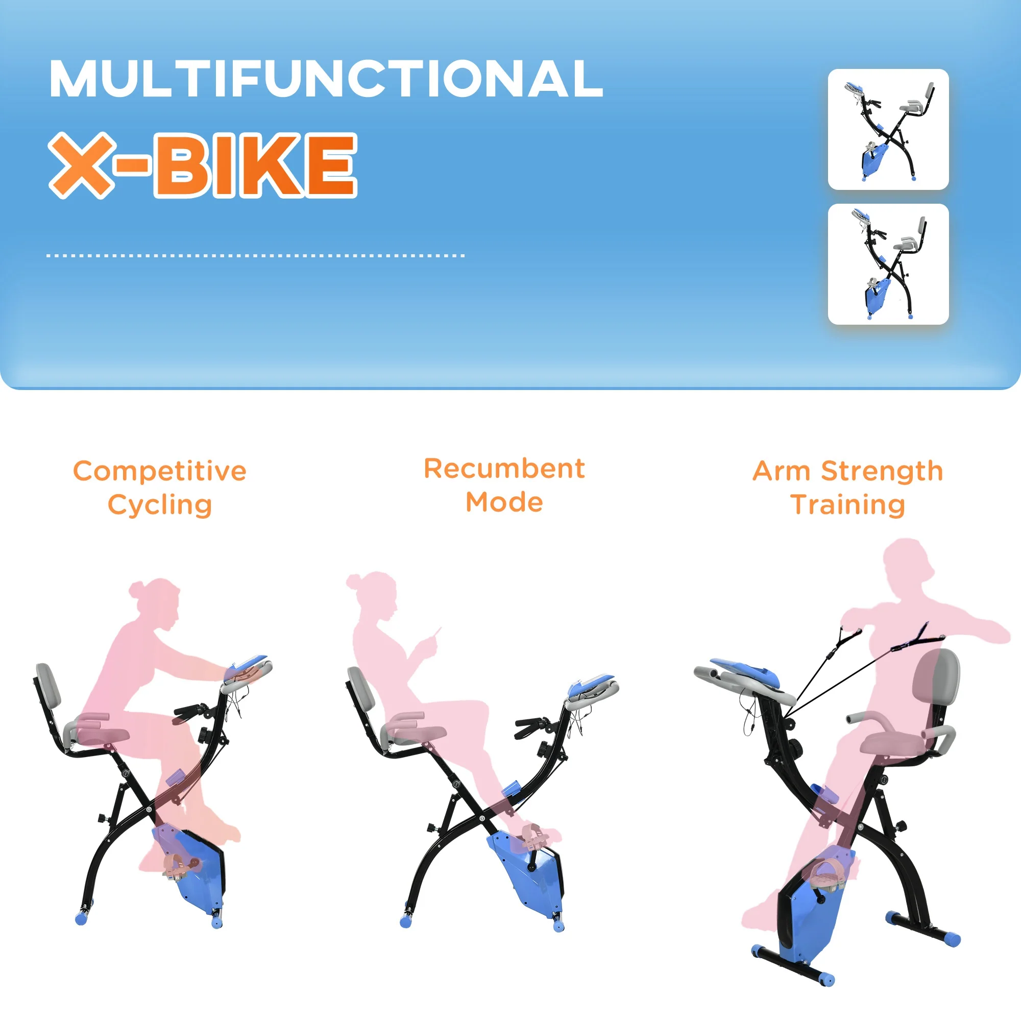 HOMCOM 2-In-1 Folding Exercise Bike with 8-Level Magnetic Resistance Blue - Image 8