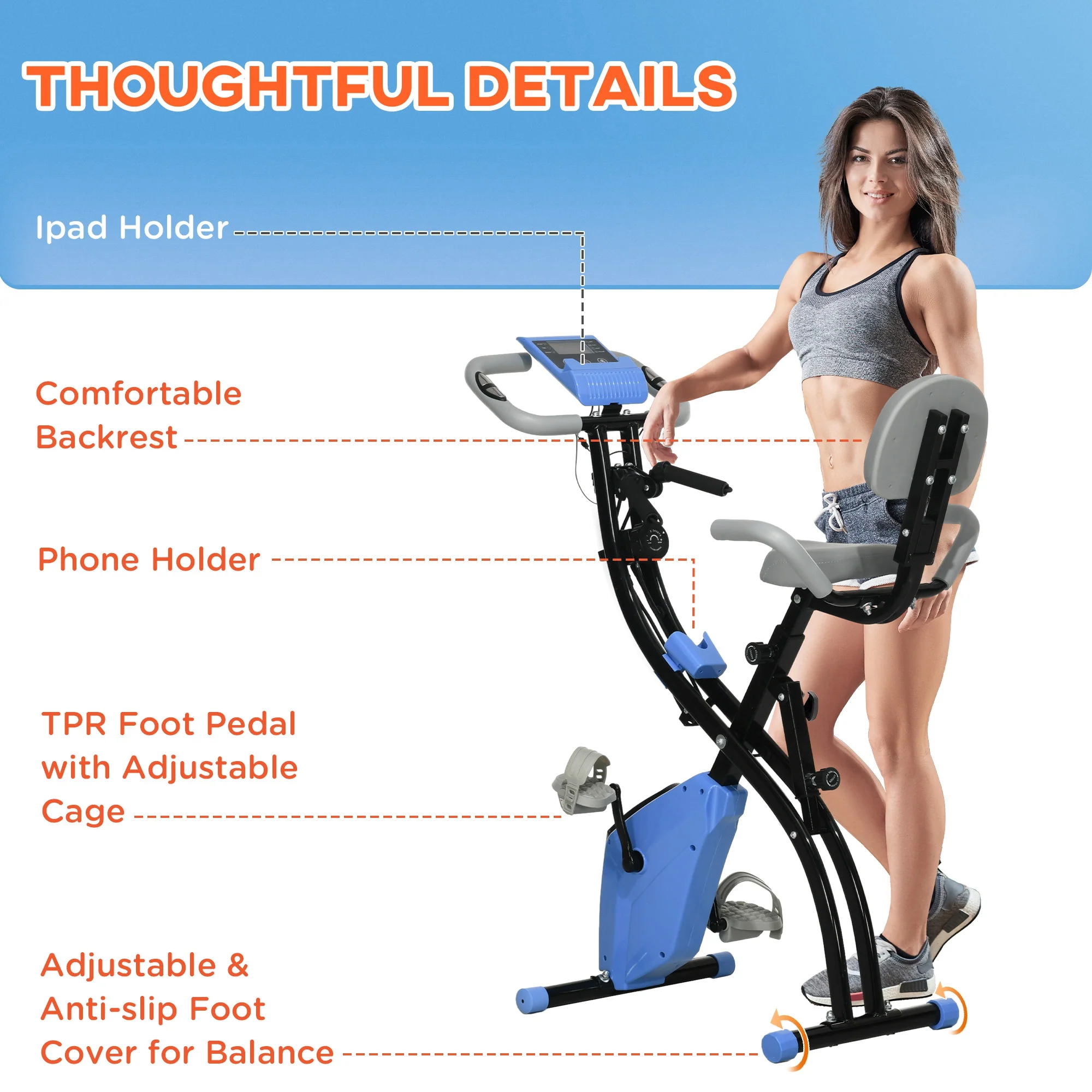 HOMCOM 2-In-1 Folding Exercise Bike with 8-Level Magnetic Resistance Blue - Image 9