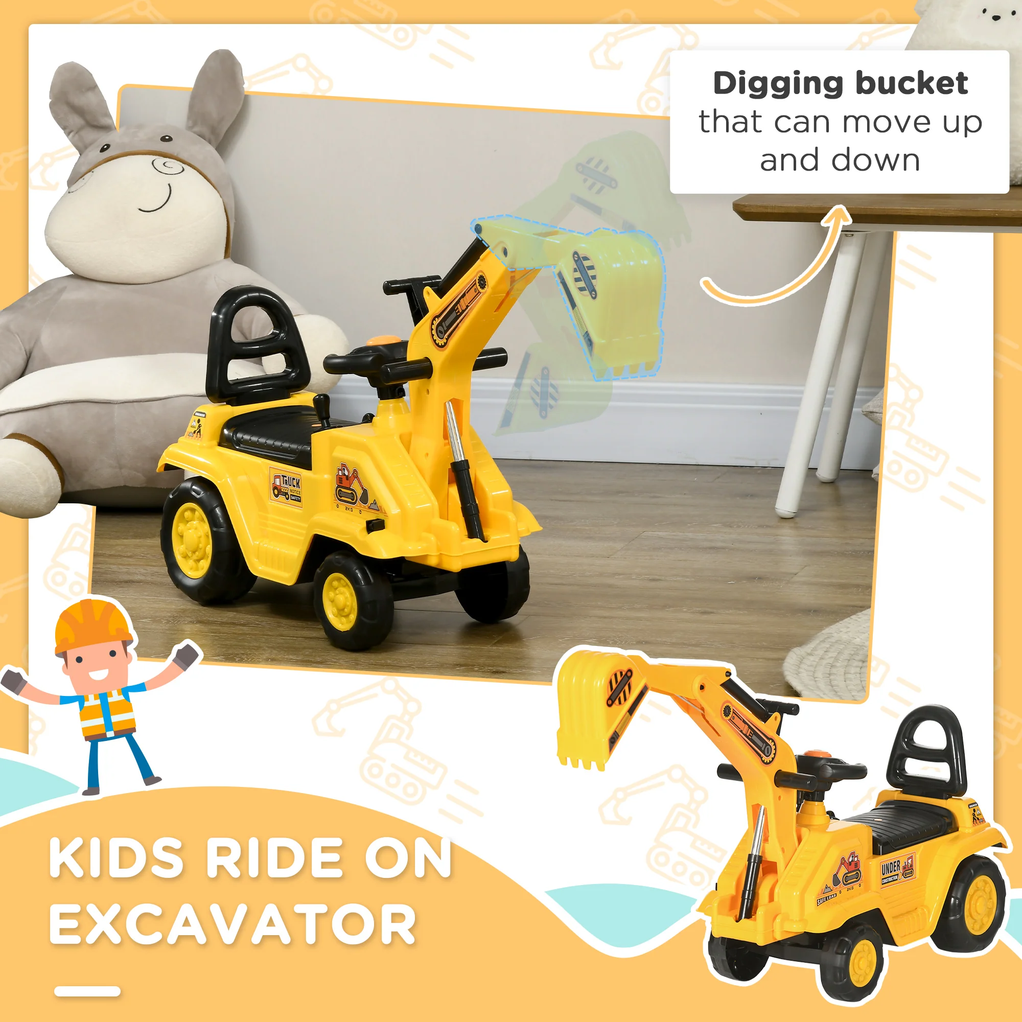 HOMCOM 2 in 1 Kids Ride On Tractor with Buckle, for 1.5-4 Years Old, Yellow - Image 3