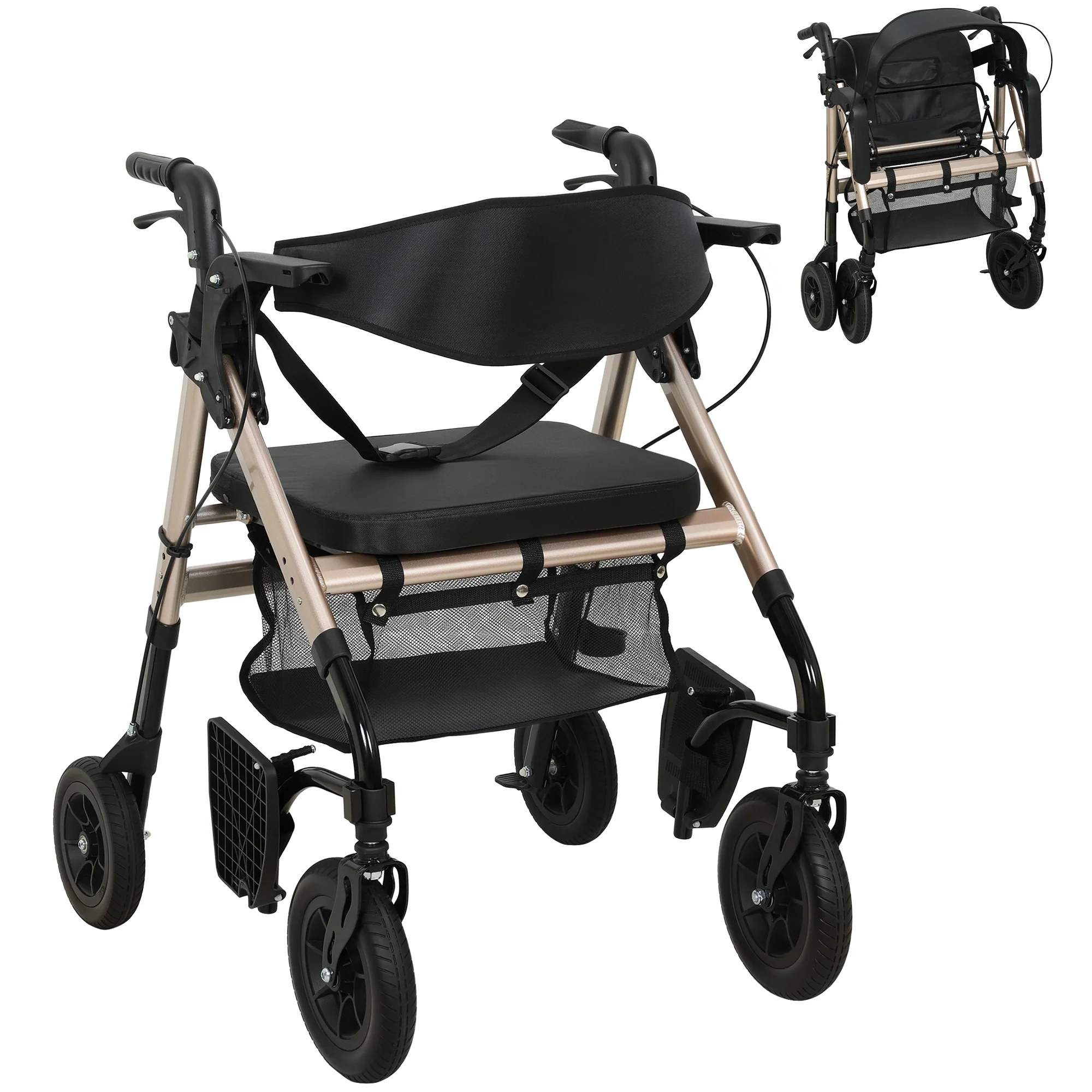 HOMCOM 2-in-1 Mobility Walker With Seat, Foldable Rollator With Footrests