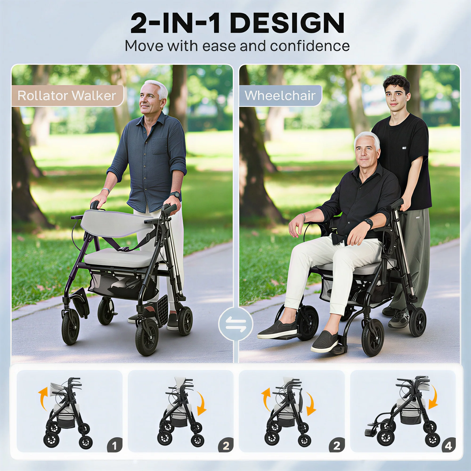 HOMCOM 2-in-1 Mobility Walker With Seat, Foldable Rollator With Footrests - Image 3