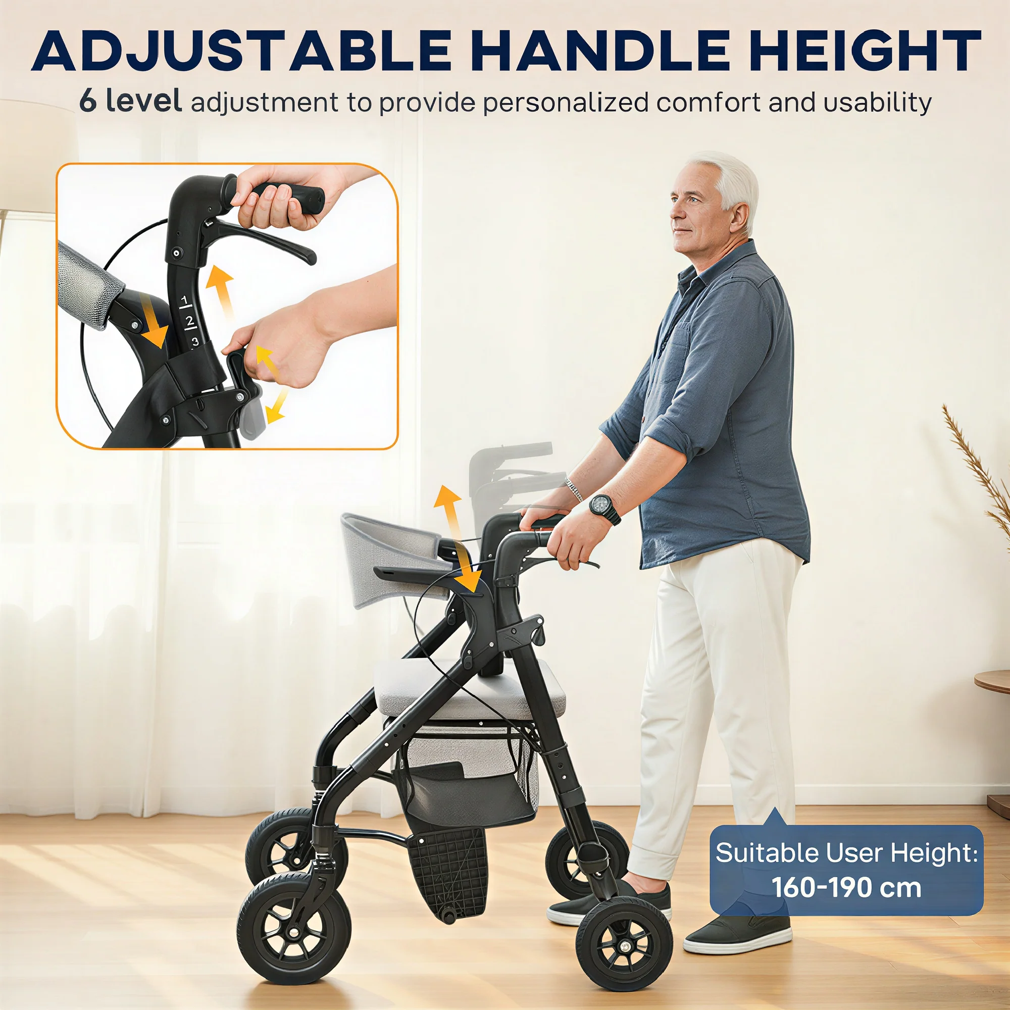 HOMCOM 2-in-1 Mobility Walker With Seat, Foldable Rollator With Footrests - Image 4