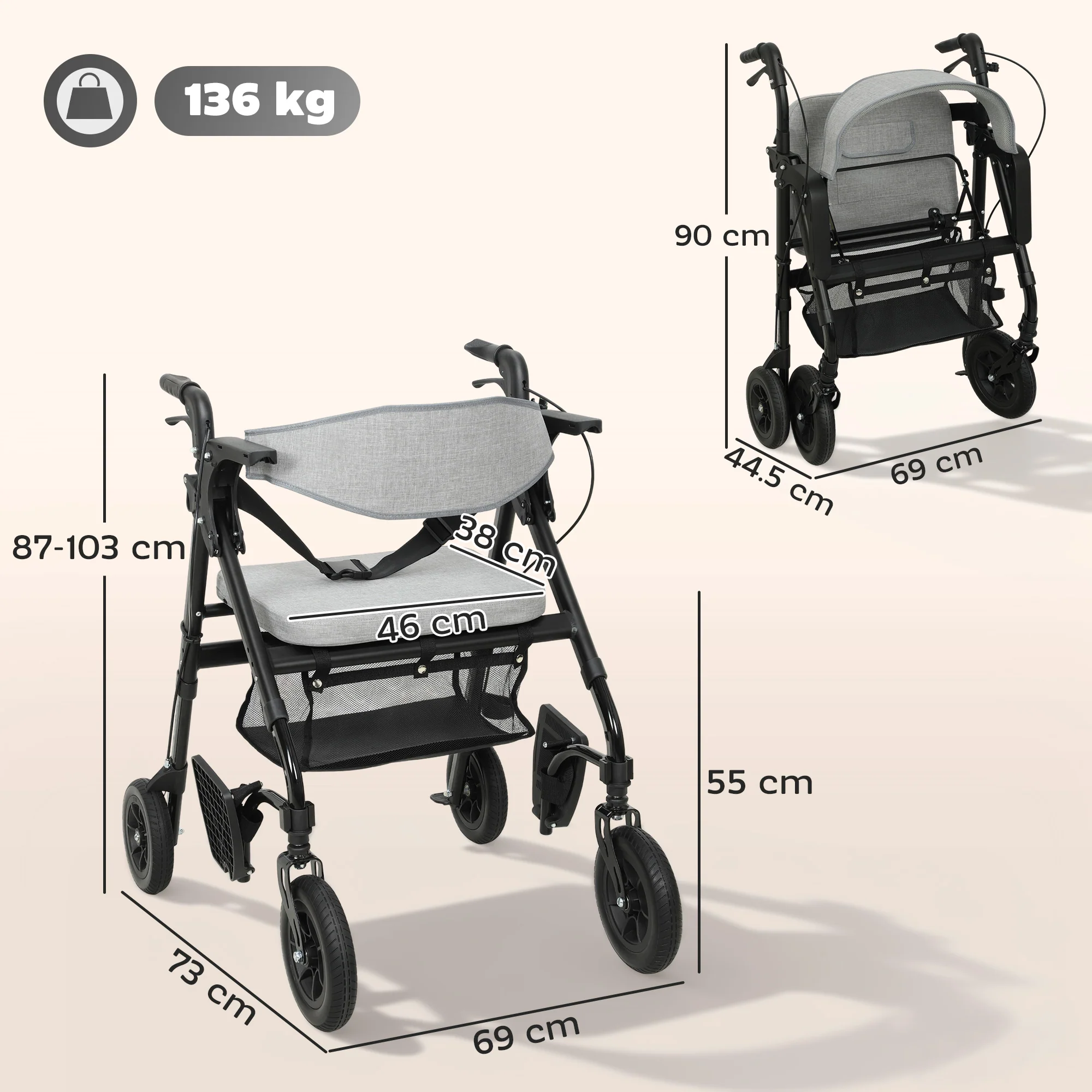 HOMCOM 2-in-1 Mobility Walker With Seat, Foldable Rollator With Footrests - Image 5