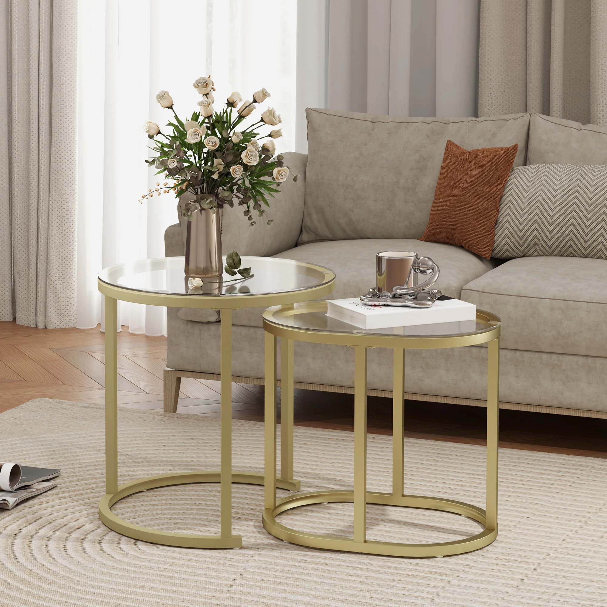HOMCOM 2 Pcs Coffee Table with Faux Marble Side Accent Tables White - Image 2