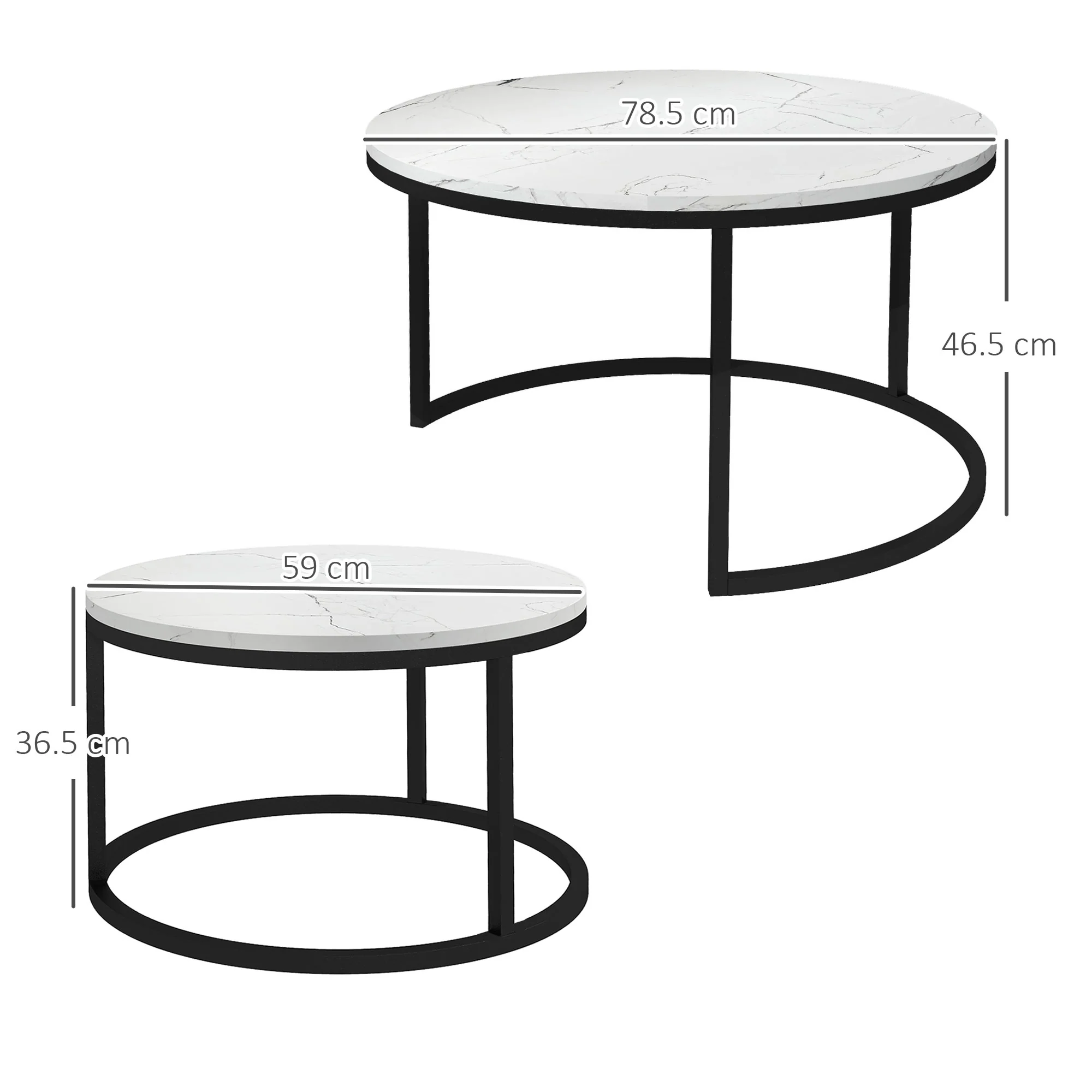 HOMCOM 2 Pcs Stacking Coffee Table Set Steel Frame, Marble-Effect White - Image 5