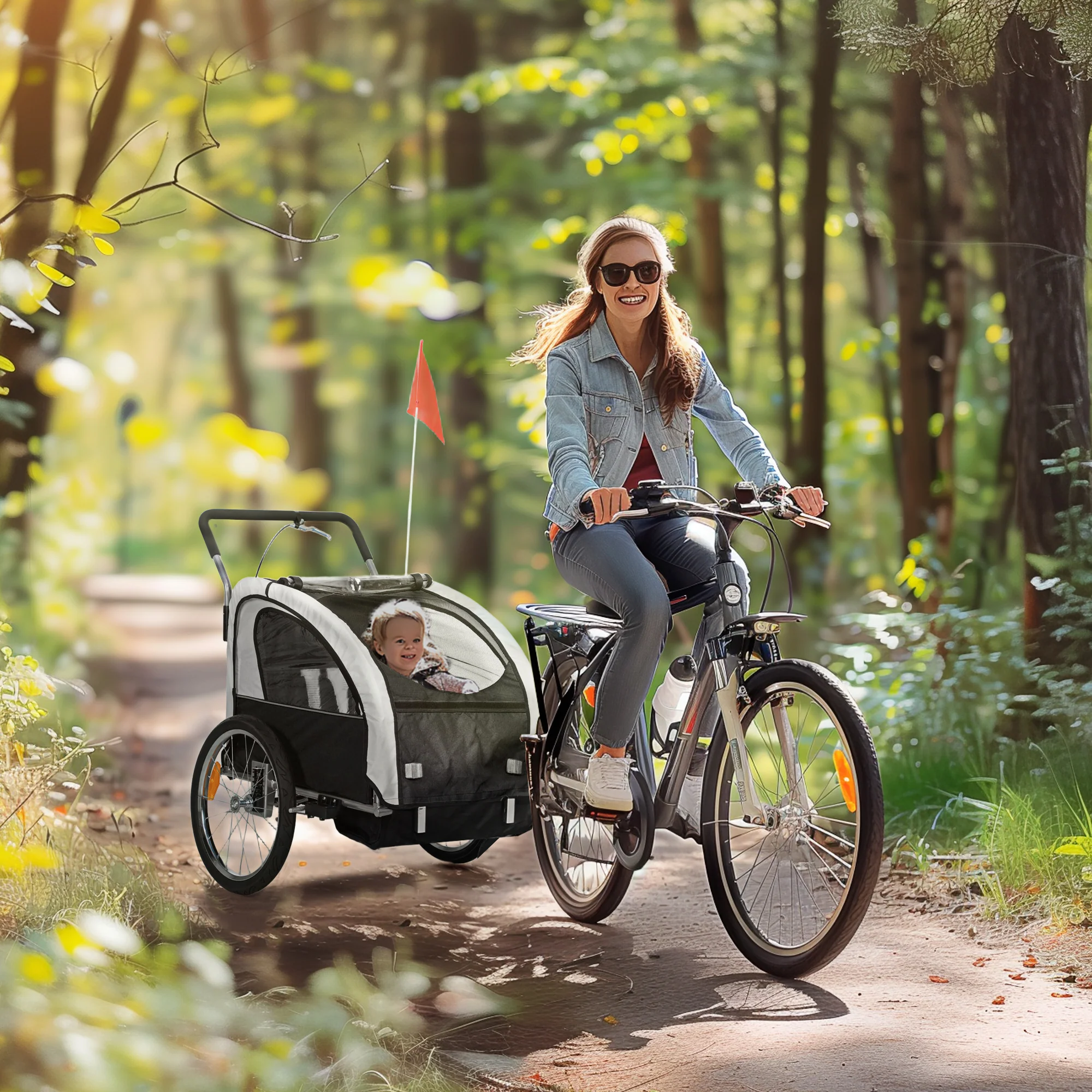 HOMCOM 2 Seat Bike Trailer with 5 Point Harness, for 18+ Months, Black - Image 2