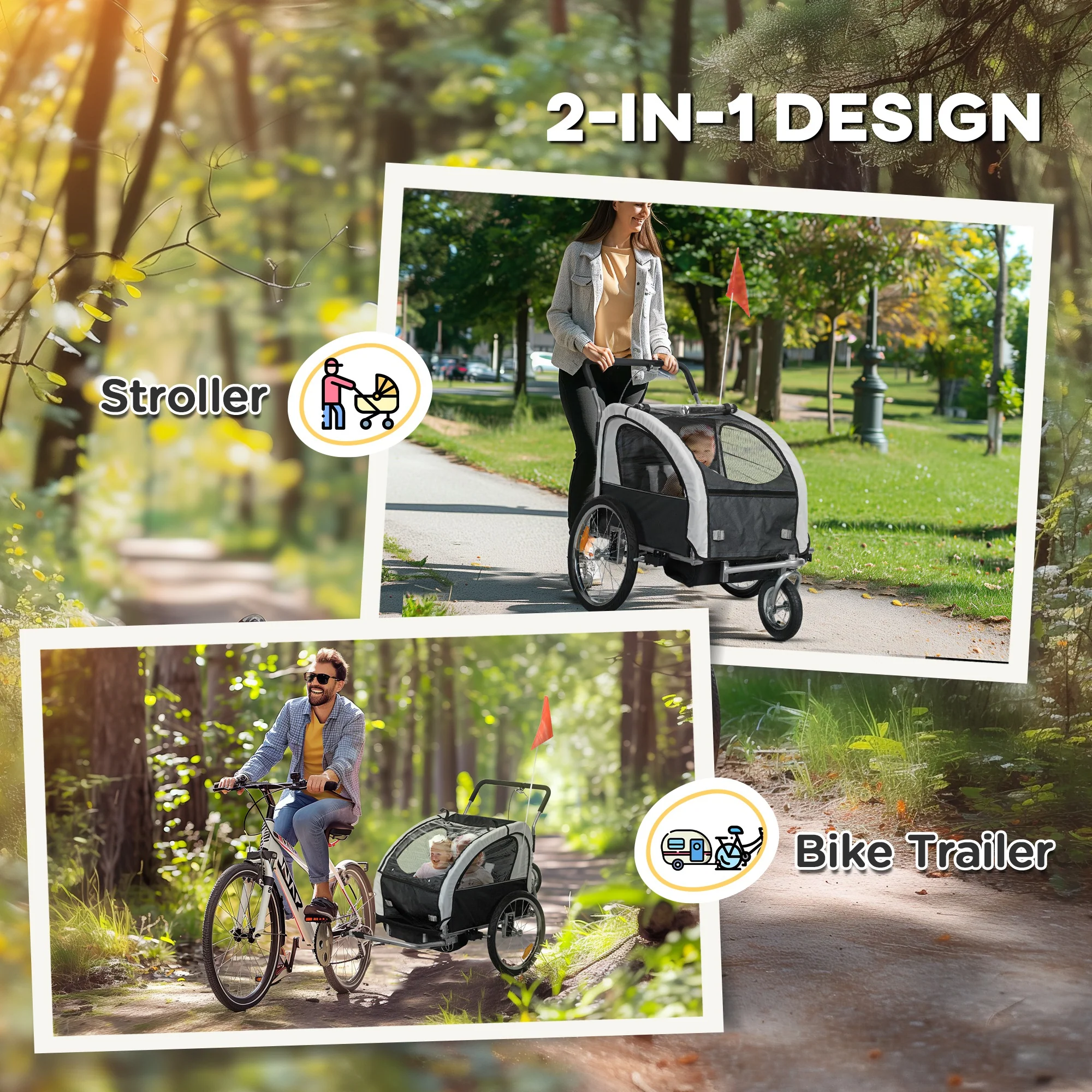 HOMCOM 2 Seat Bike Trailer with 5 Point Harness, for 18+ Months, Black - Image 3