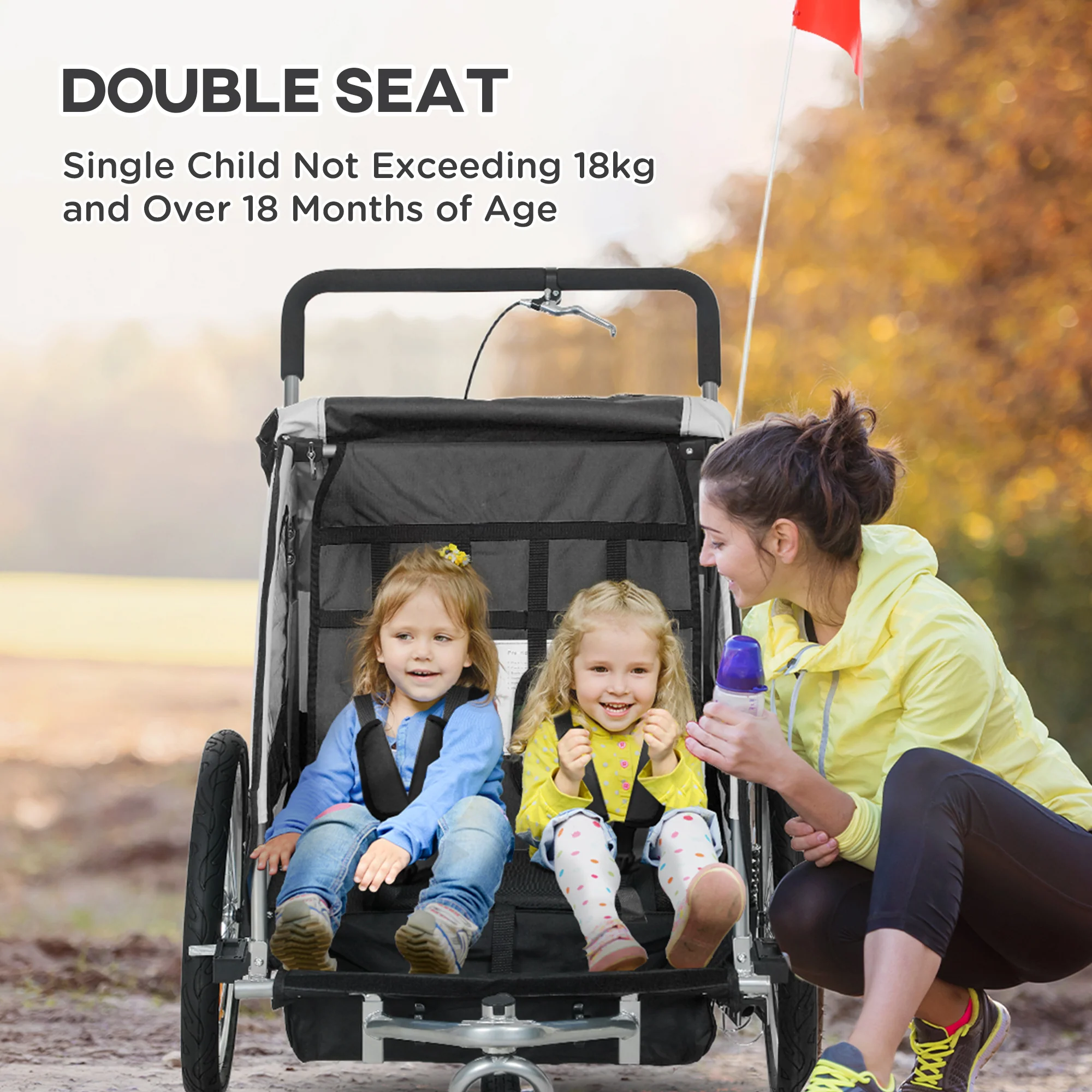 HOMCOM 2 Seat Bike Trailer with 5 Point Harness, for 18+ Months, Black - Image 4