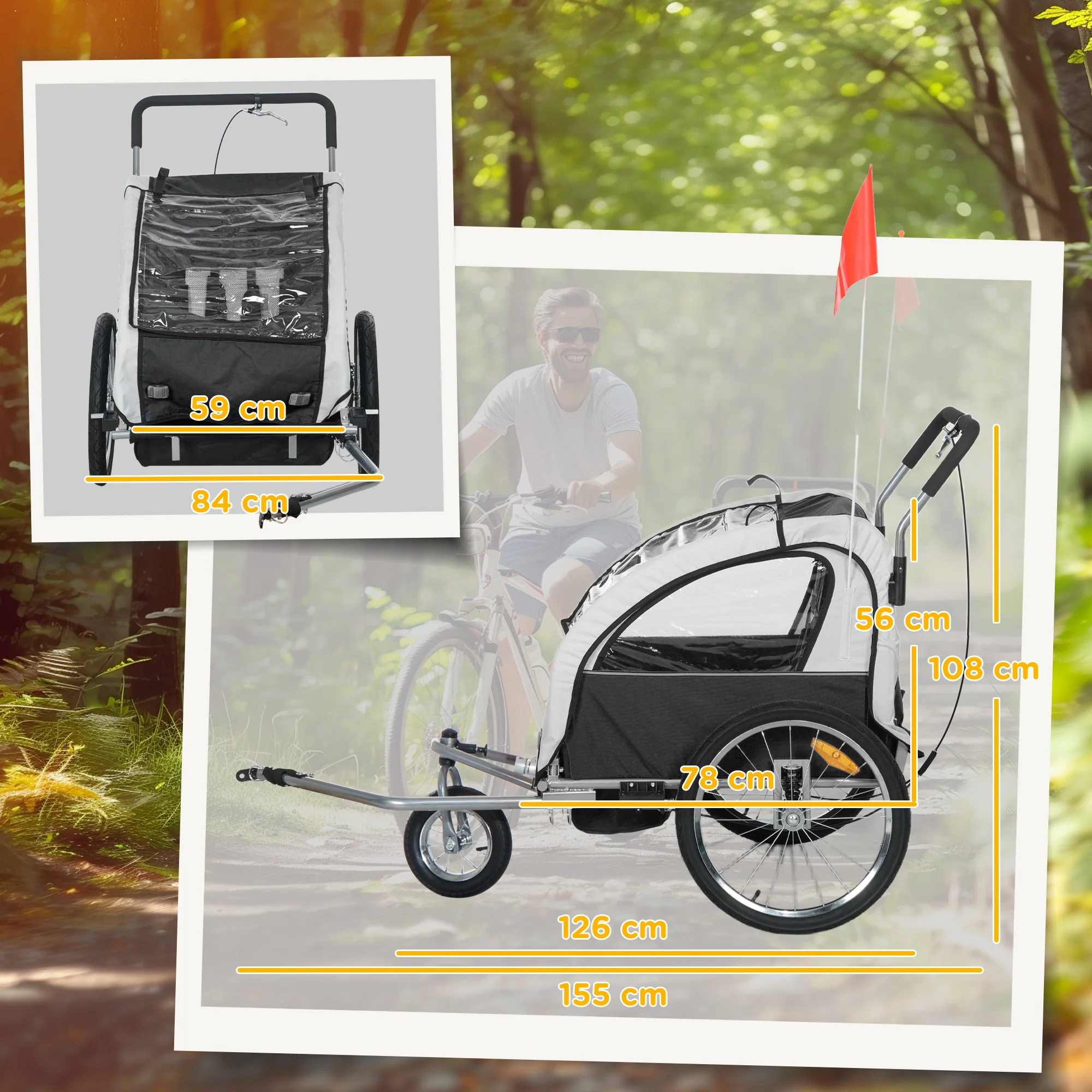 HOMCOM 2 Seat Bike Trailer with 5 Point Harness, for 18+ Months, Black - Image 5