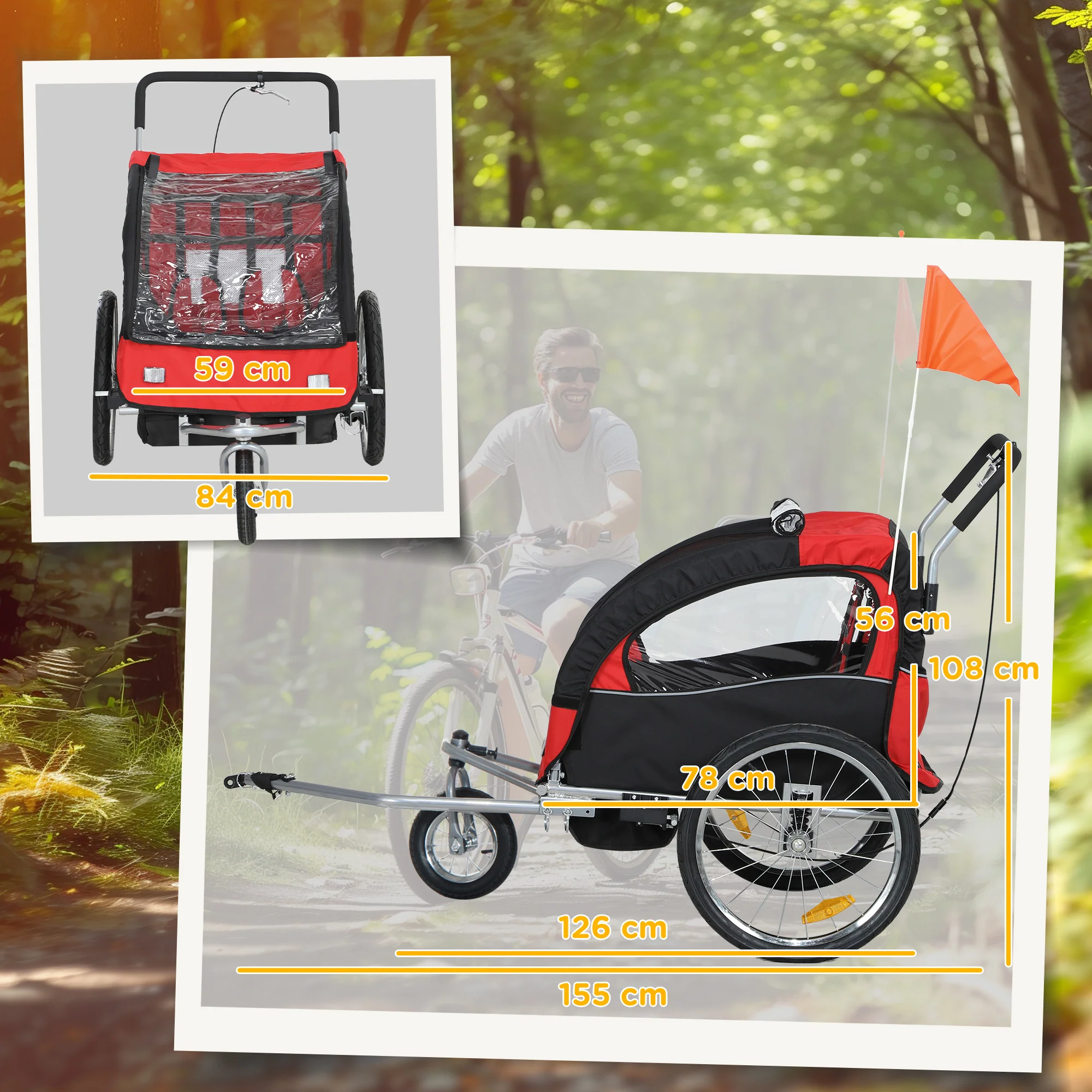 HOMCOM 2 Seat Bike Trailer with 5 Point Harness, for 18+ Months, Red - Image 5