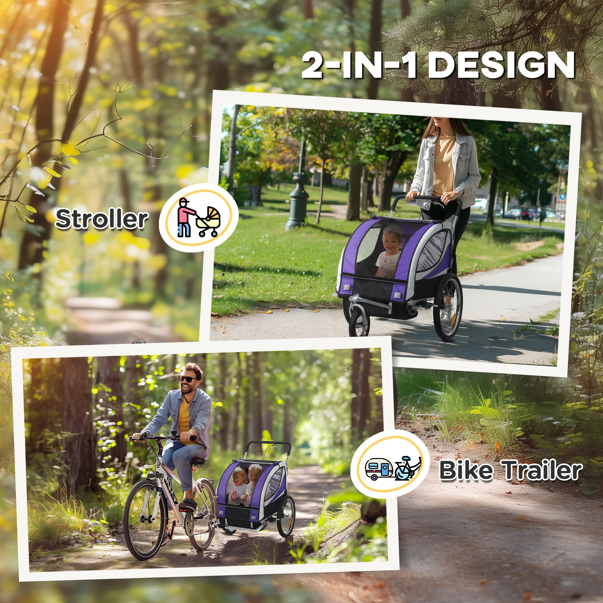 HOMCOM 2 Seat Child Bike Trailer, Baby Bicycle Trailer for 2 Kids, Purple - Image 3