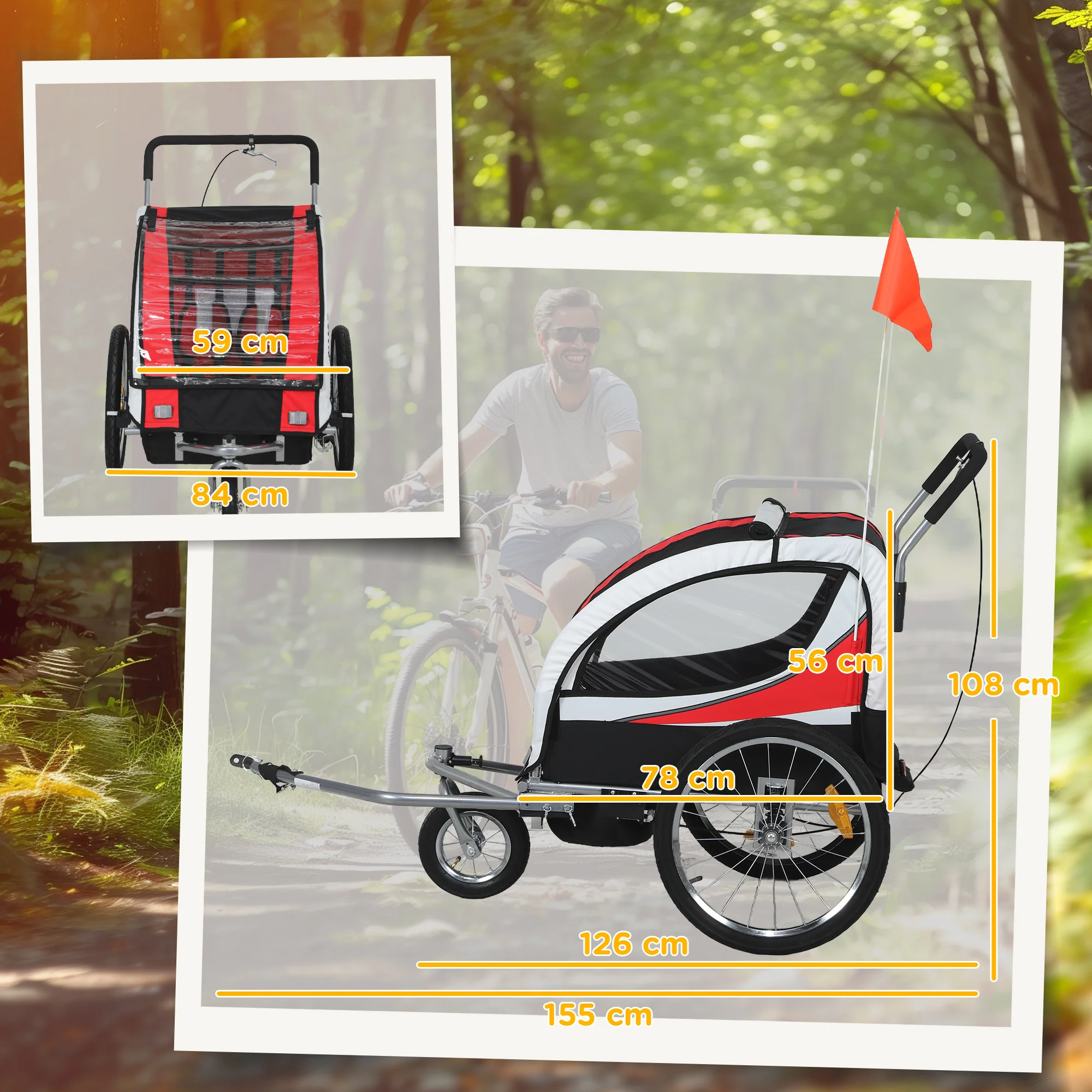 HOMCOM 2 Seat Child Bike Trailer, Baby Bicycle Trailer for 2 Kids, Red - Image 5