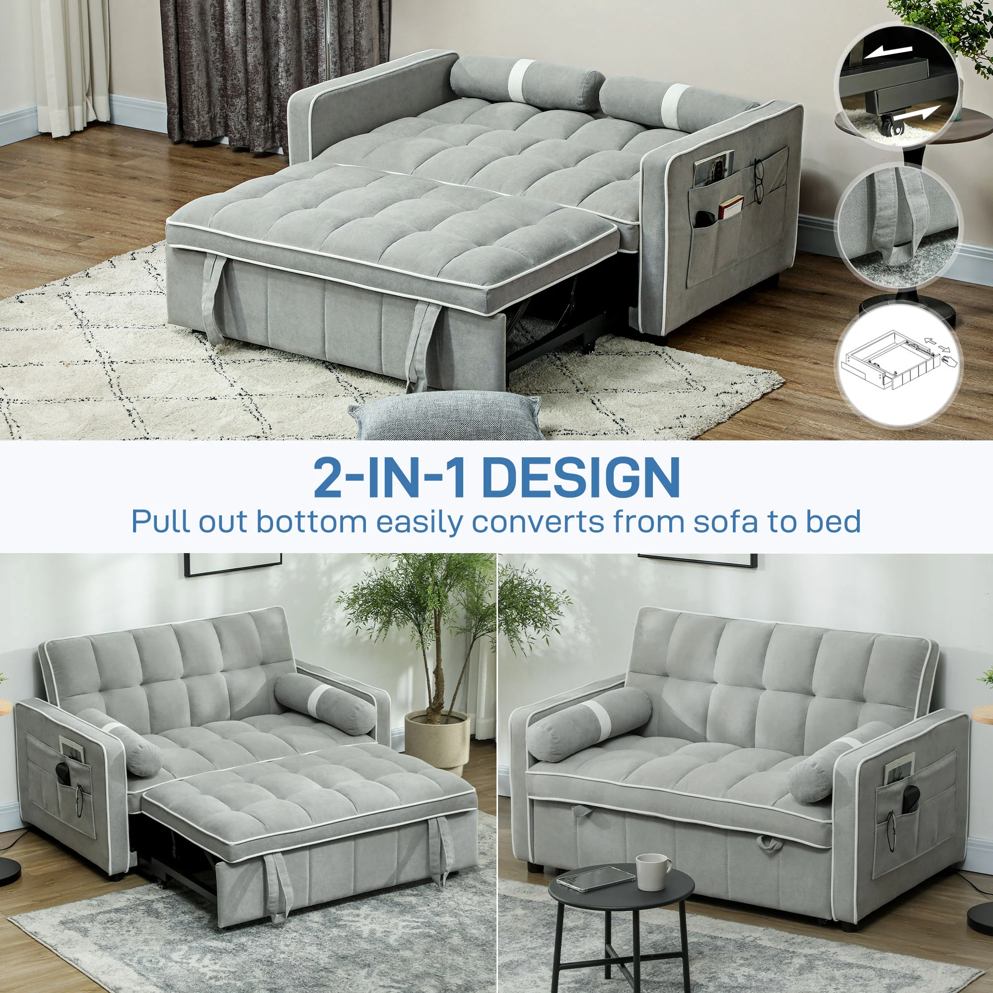 HOMCOM 2 Seater Pull Out Sofa Bed with Adjustable Backrest - Image 12