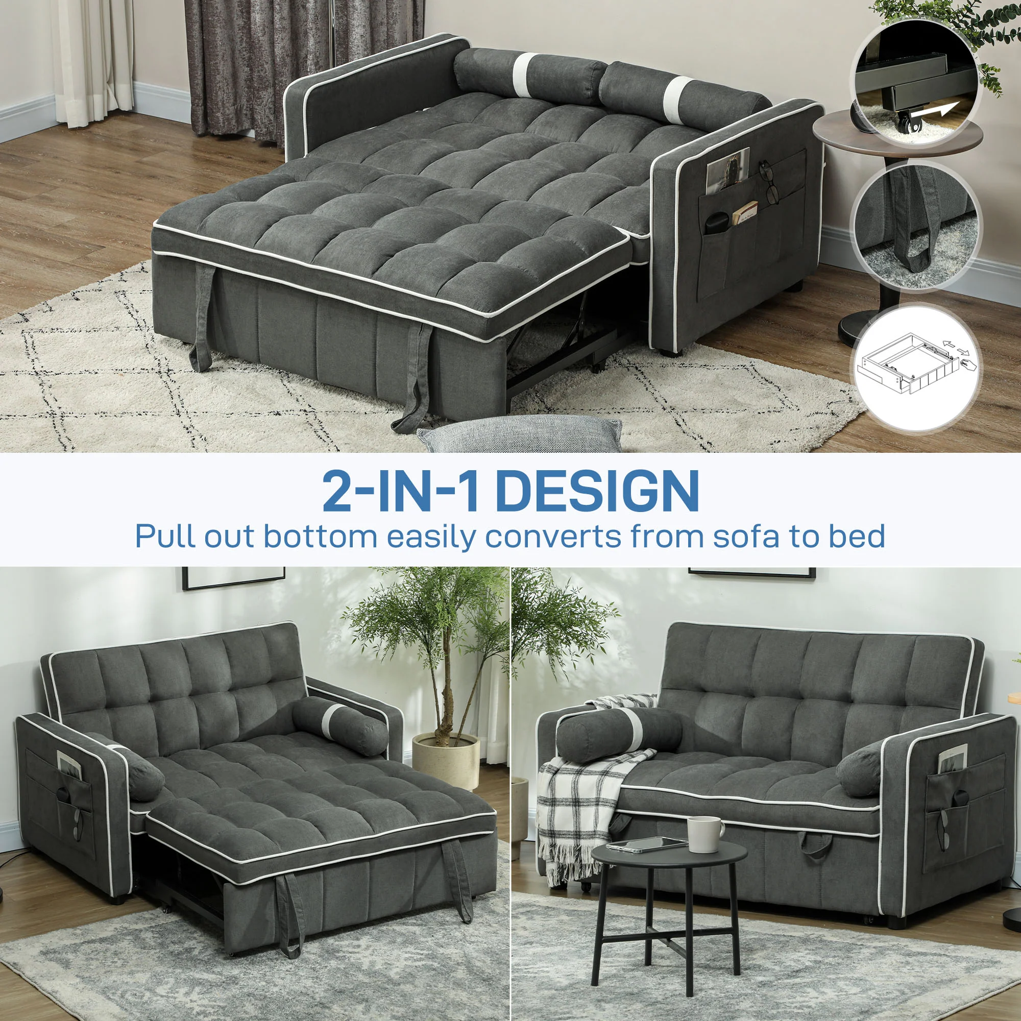 HOMCOM 2 Seater Pull Out Sofa Bed with Adjustable Backrest - Image 3