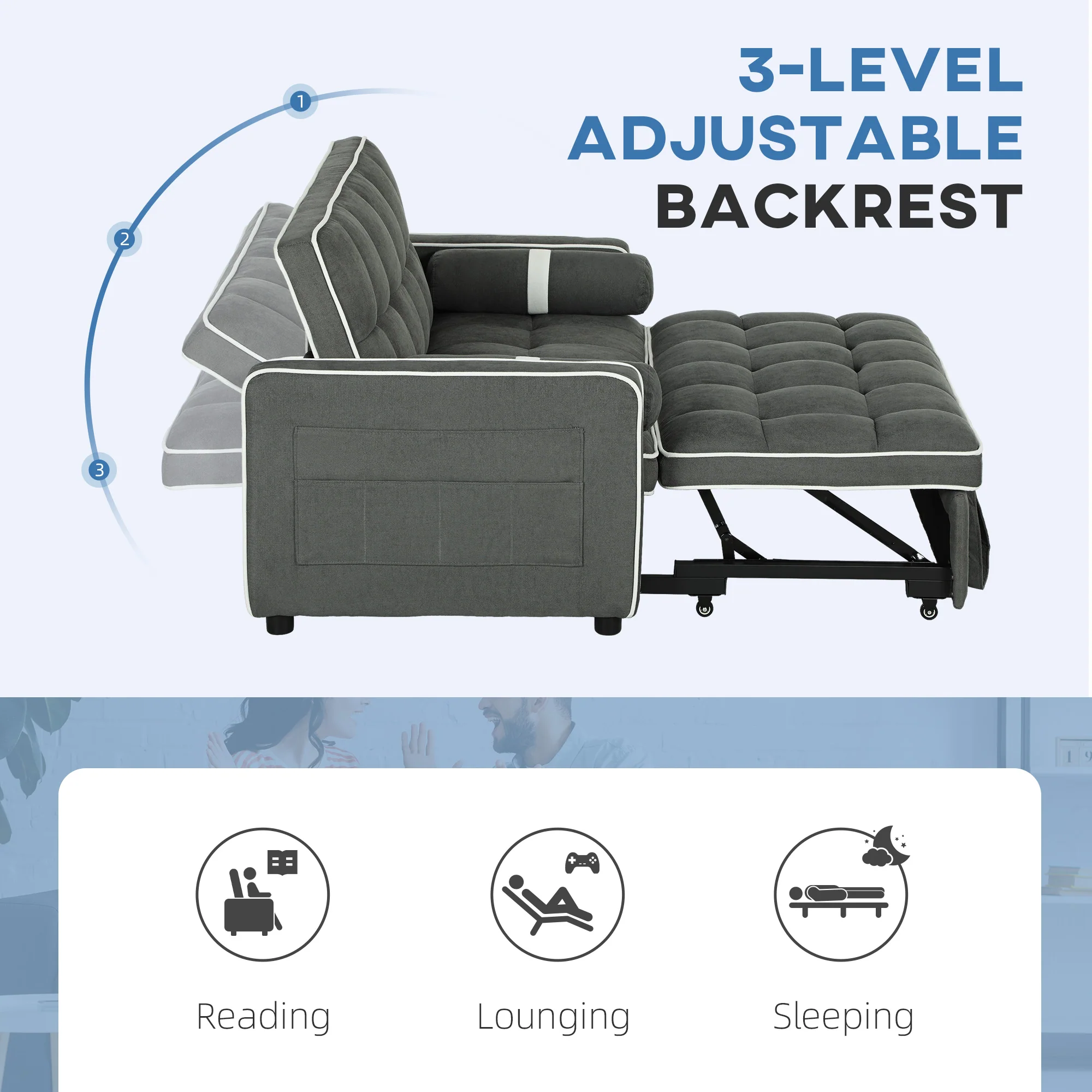 HOMCOM 2 Seater Pull Out Sofa Bed with Adjustable Backrest - Image 4