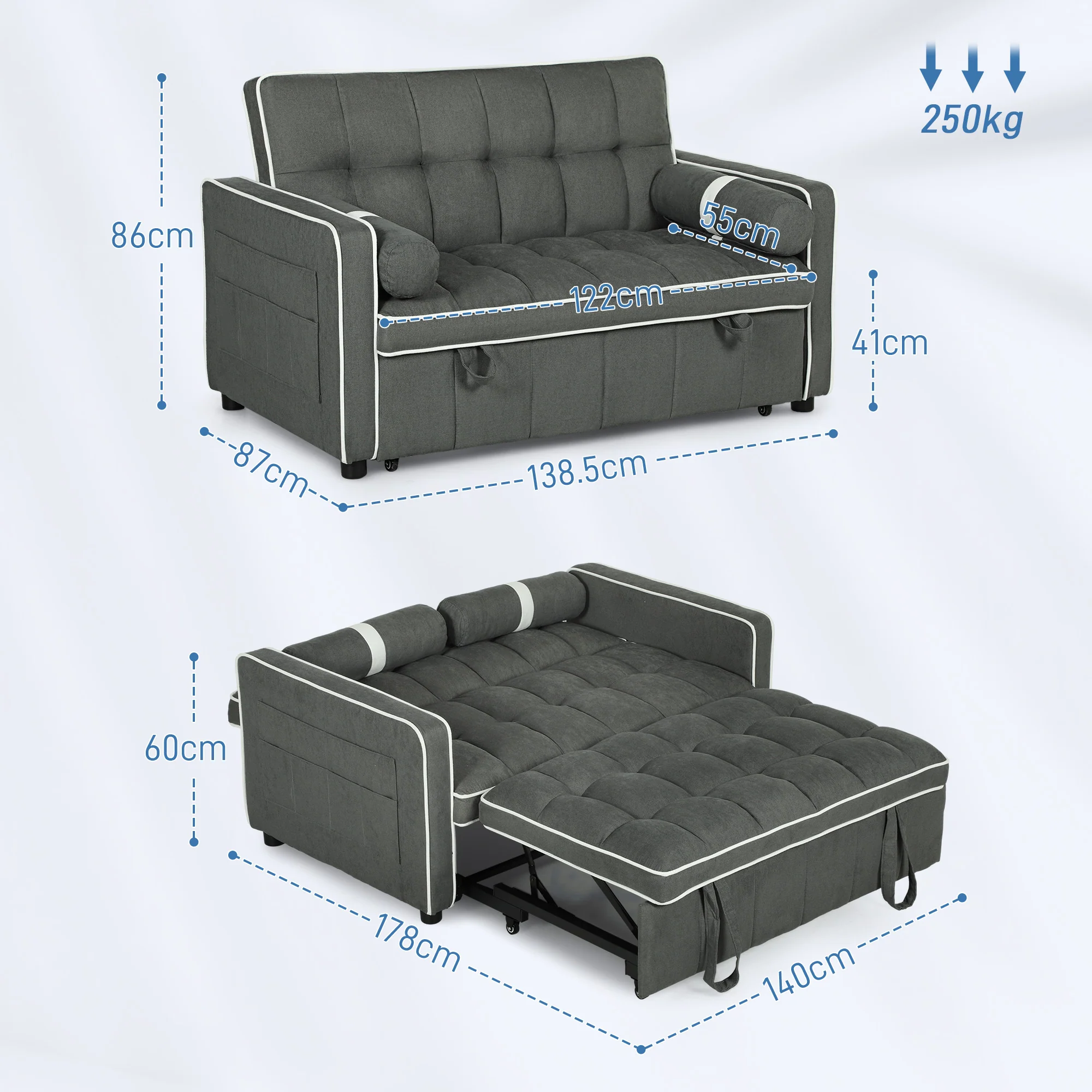HOMCOM 2 Seater Pull Out Sofa Bed with Adjustable Backrest - Image 5