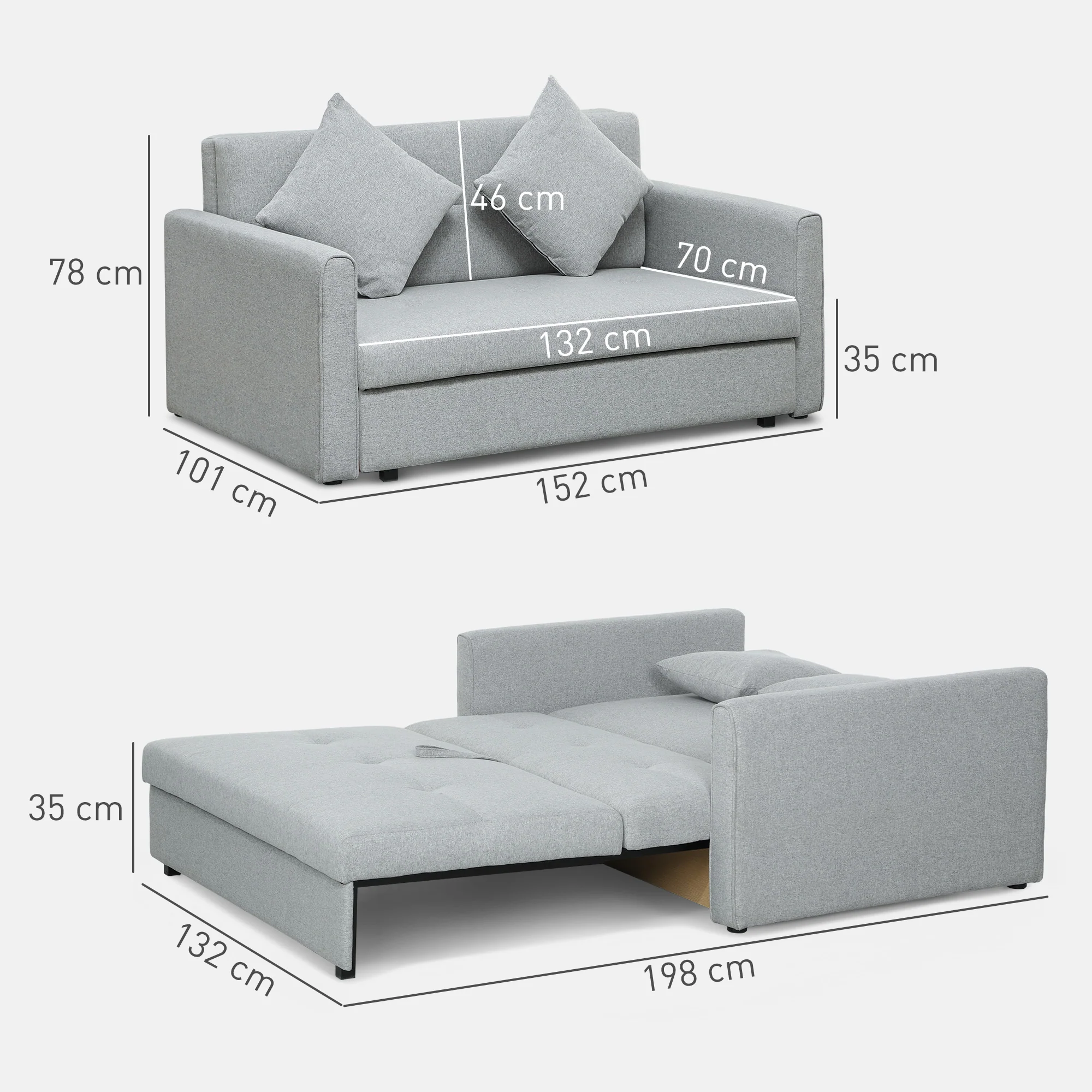 HOMCOM 2 Seater Sofa Bed Convertible Bed Settee w/ 2 Cushions - Image 14