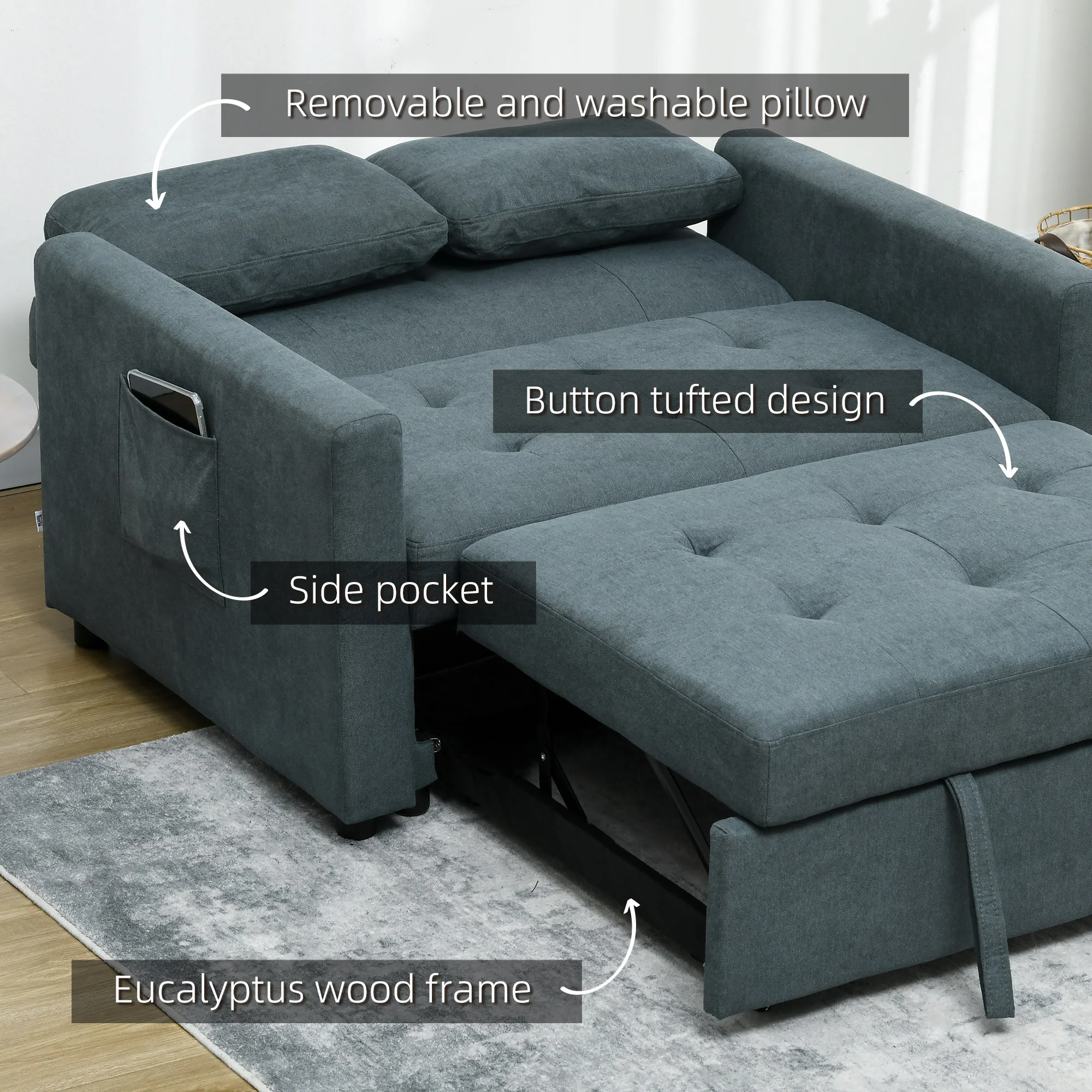 HOMCOM 2 Seater Sofa Bed Convertible Bed Settee With Cushions, Pockets, Grey - Image 7