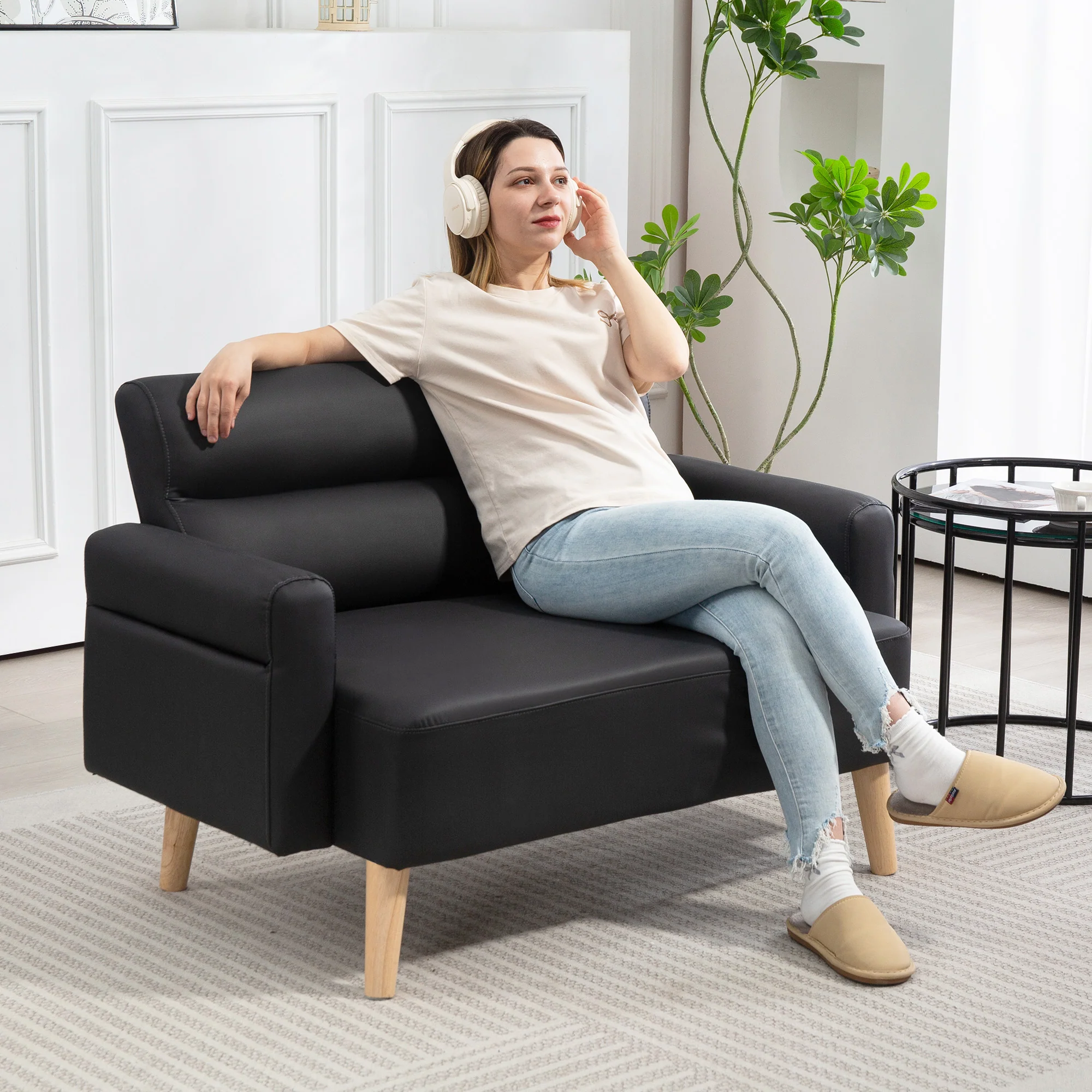 HOMCOM 2 Seater Sofa Settee, Modern Faux Leather Couch with Wood Legs - Image 2