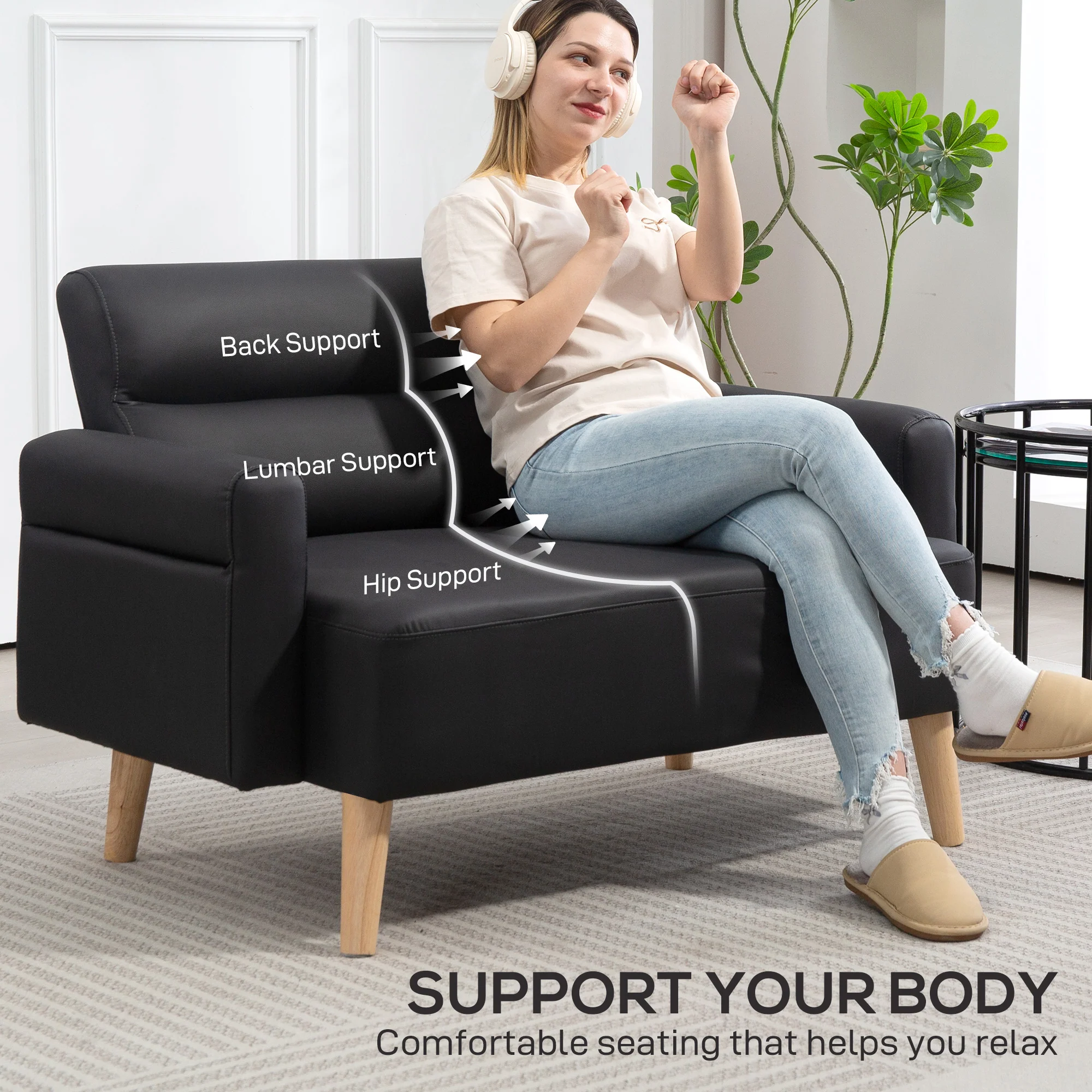 HOMCOM 2 Seater Sofa Settee, Modern Faux Leather Couch with Wood Legs - Image 4