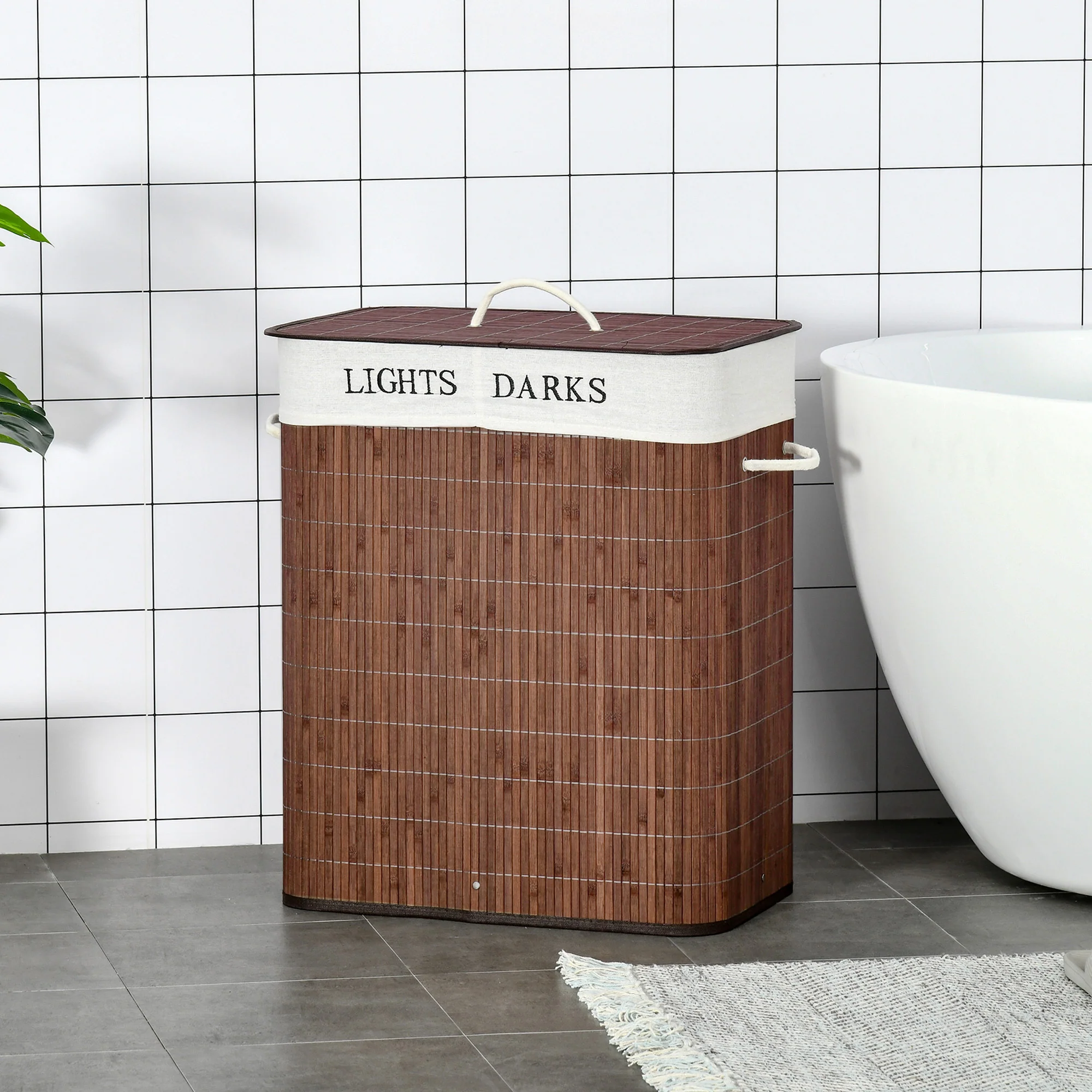 HOMCOM 2 Section Collapsible Laundry Hamper Lid Removable Lining, Brown - Image 2