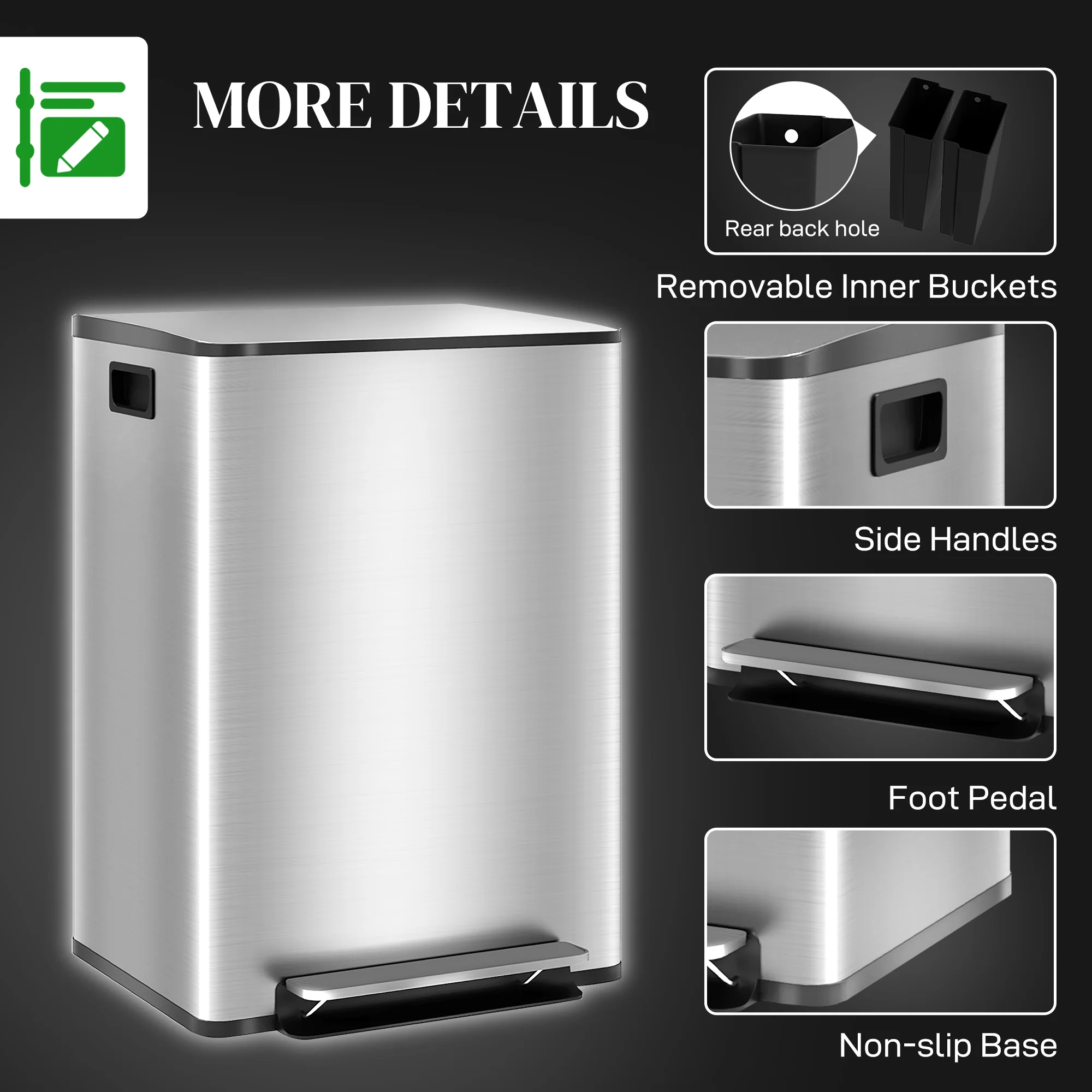 HOMCOM 2 X 25L Double Kitchen Bin, Pedal Bin With Soft-Close Lid - Image 16