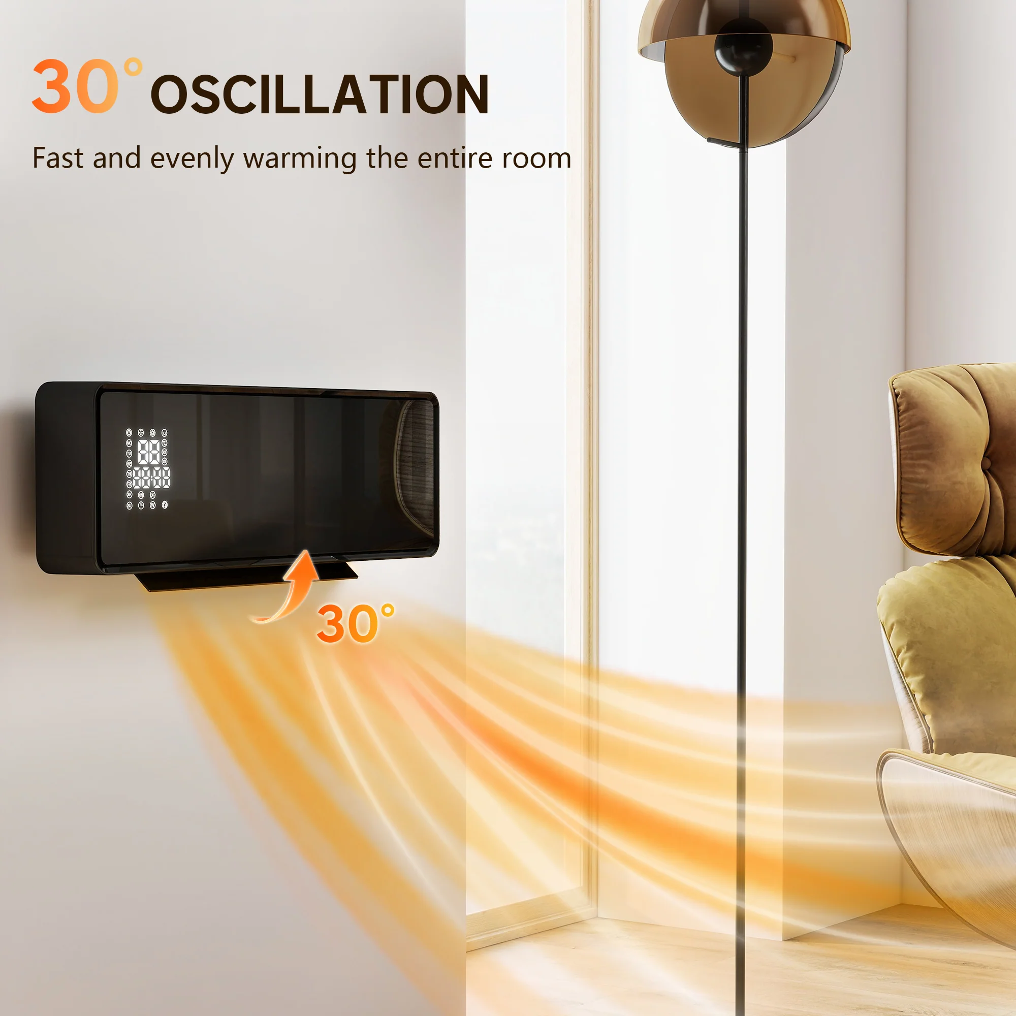 HOMCOM 2000W Ceramic Electric Heater with Fan, Wall Mounted, Black - Image 6
