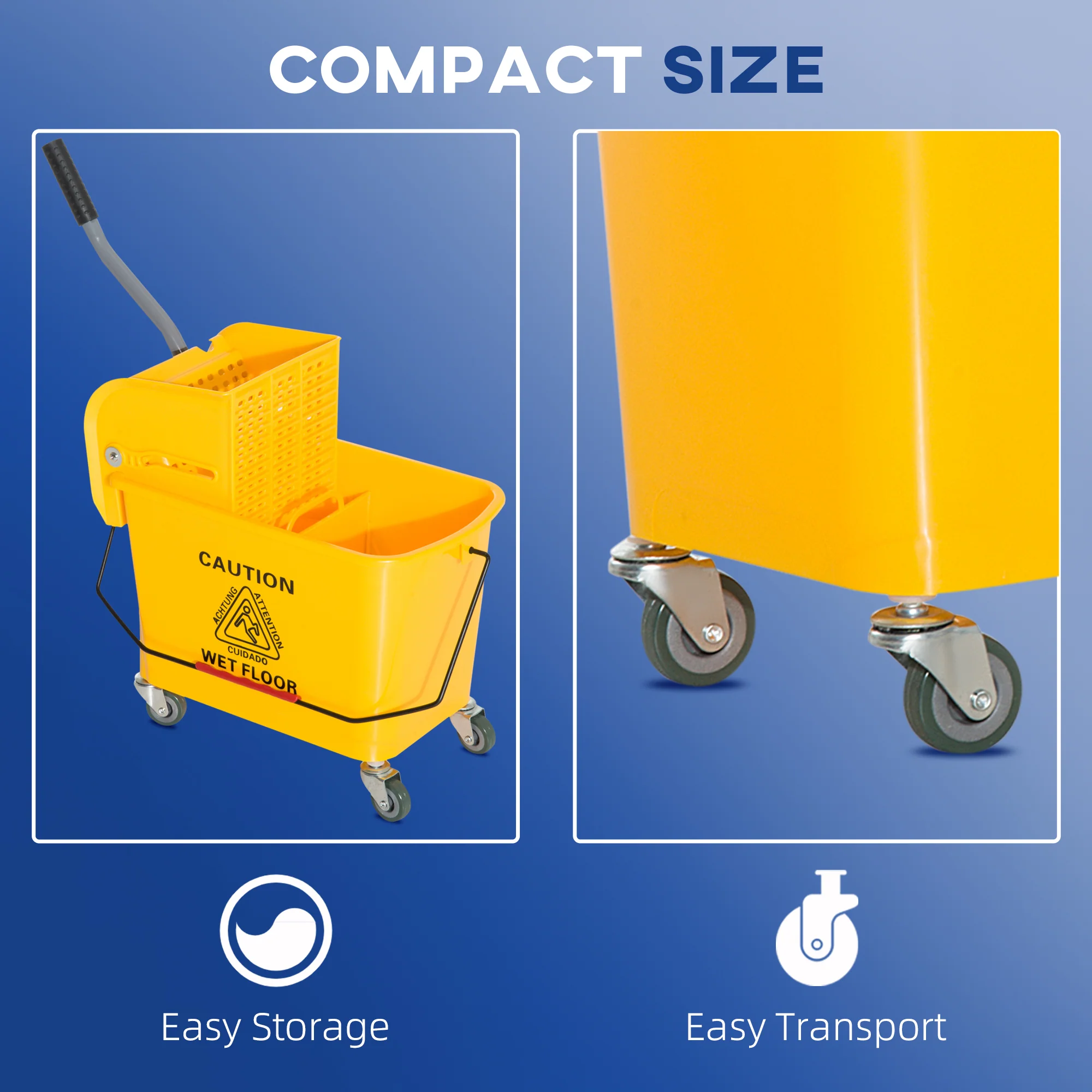 HOMCOM 20L Mop Bucket with Wringer Handle on Wheels for Cleaning Yellow - Image 3