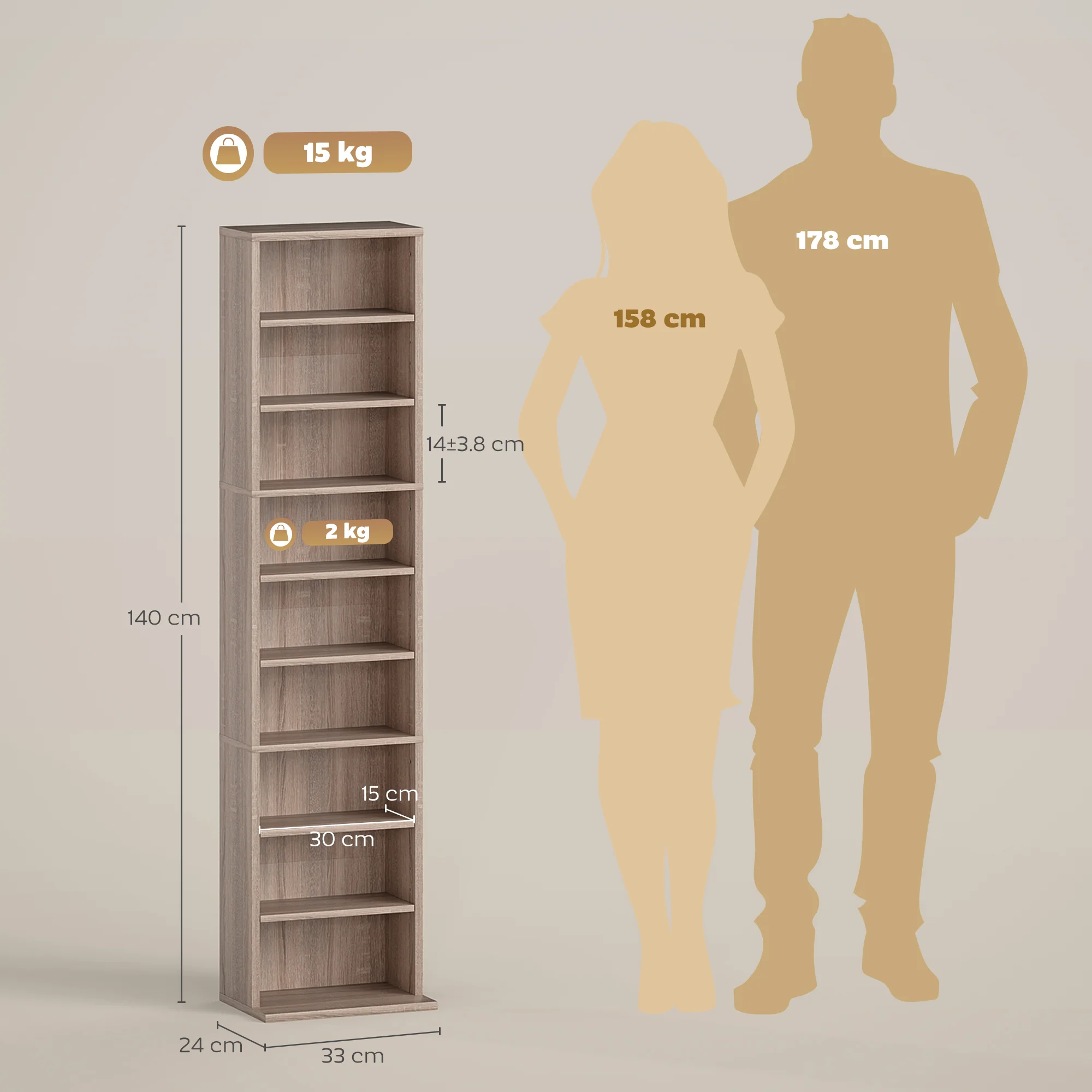 HOMCOM 260 CD Storage Unit 120 DVD Storage Tower with 9 Compartments Natural - Image 5