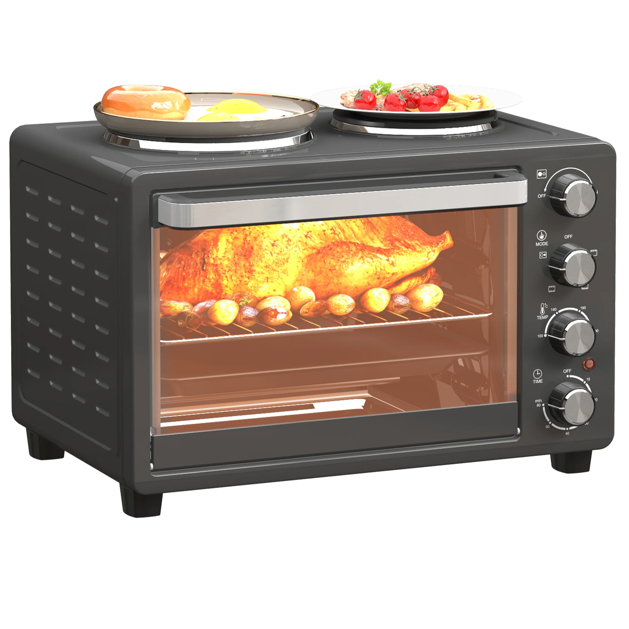 HOMCOM 28L Countertop Toaster Oven With 2 Hot Plates, Grill, Roast, Bake