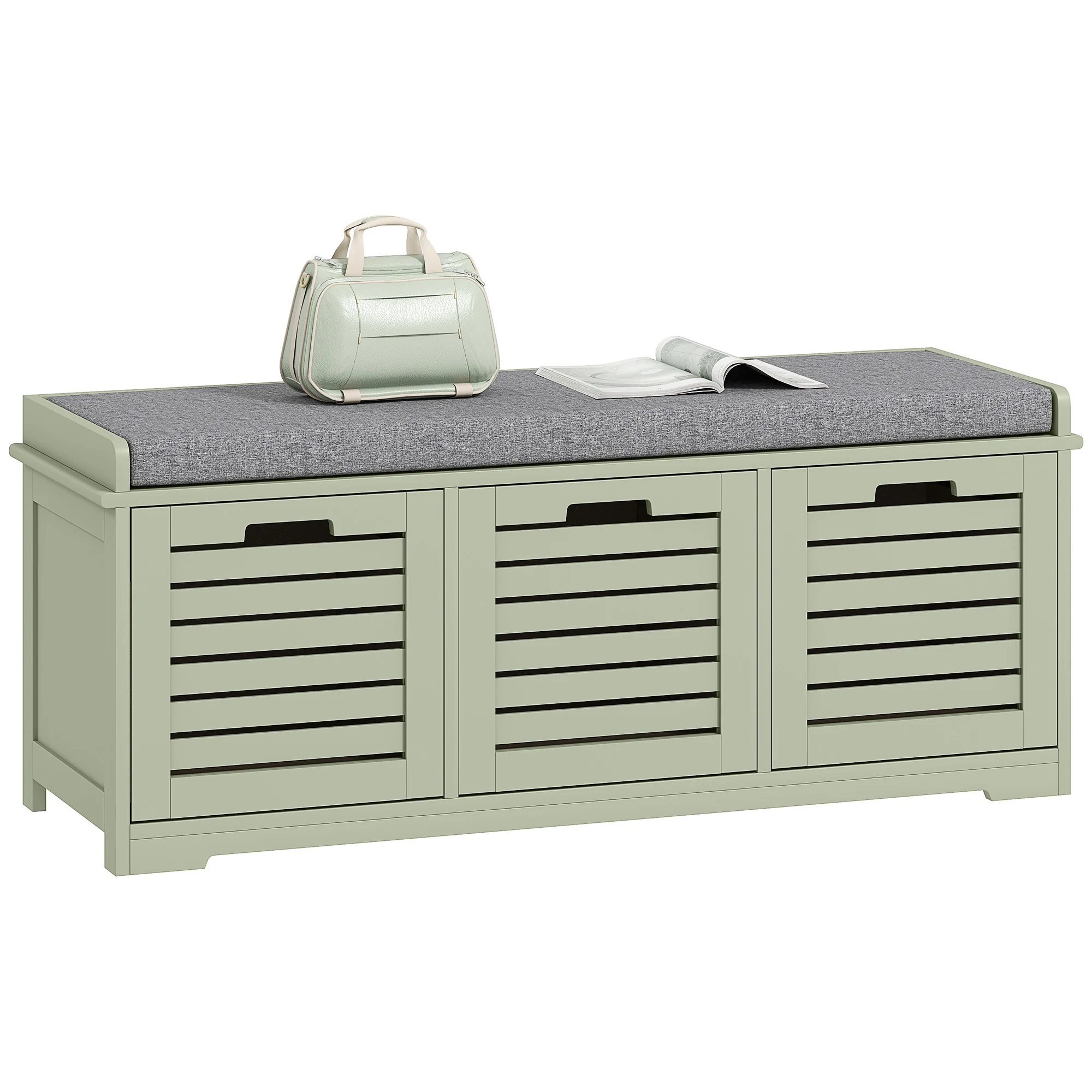 HOMCOM 3-Door Shoe Storage Bench Cushion Seat Slatted Doors