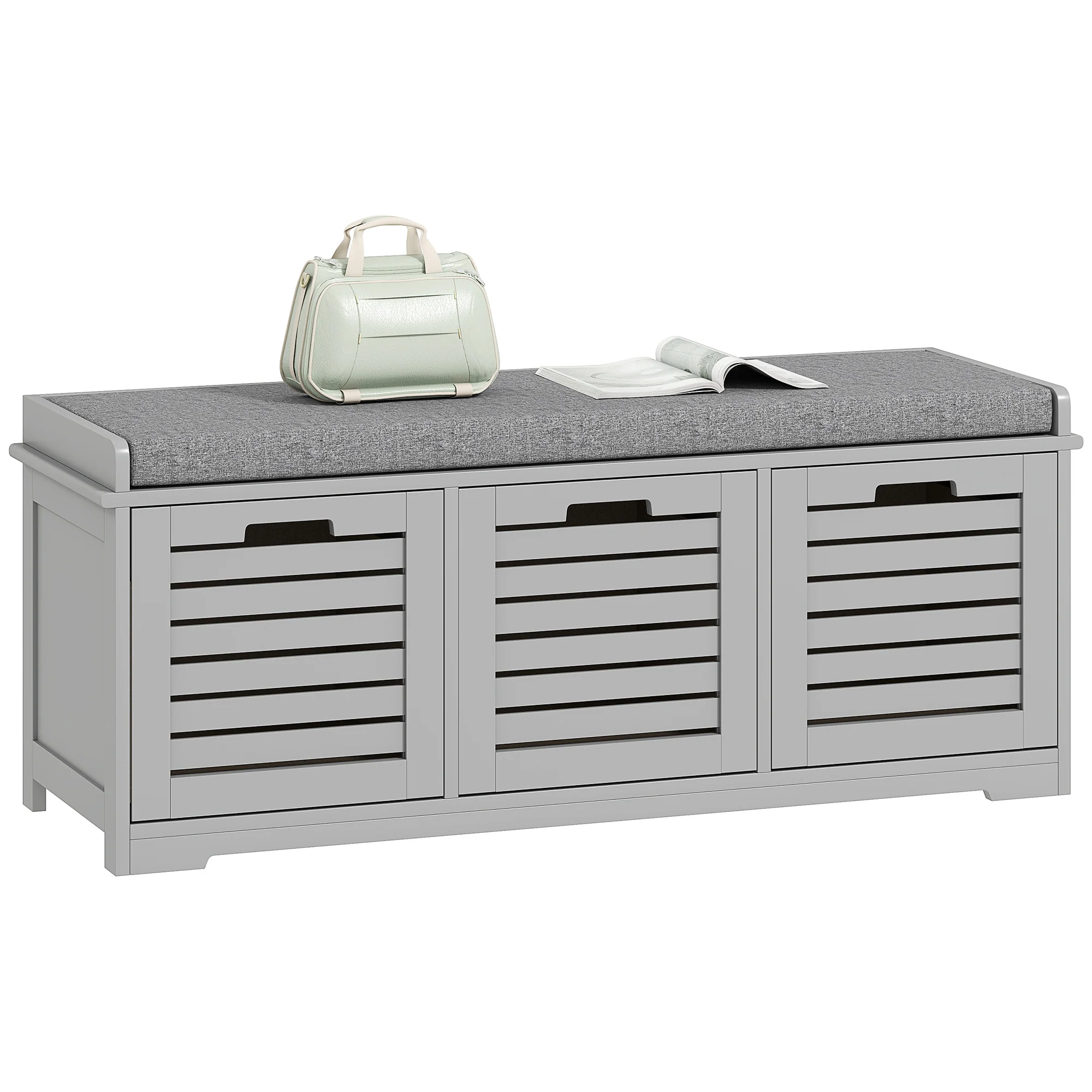 HOMCOM 3-Door Shoe Storage Bench Cushion Seat Slatted Doors - Image 10