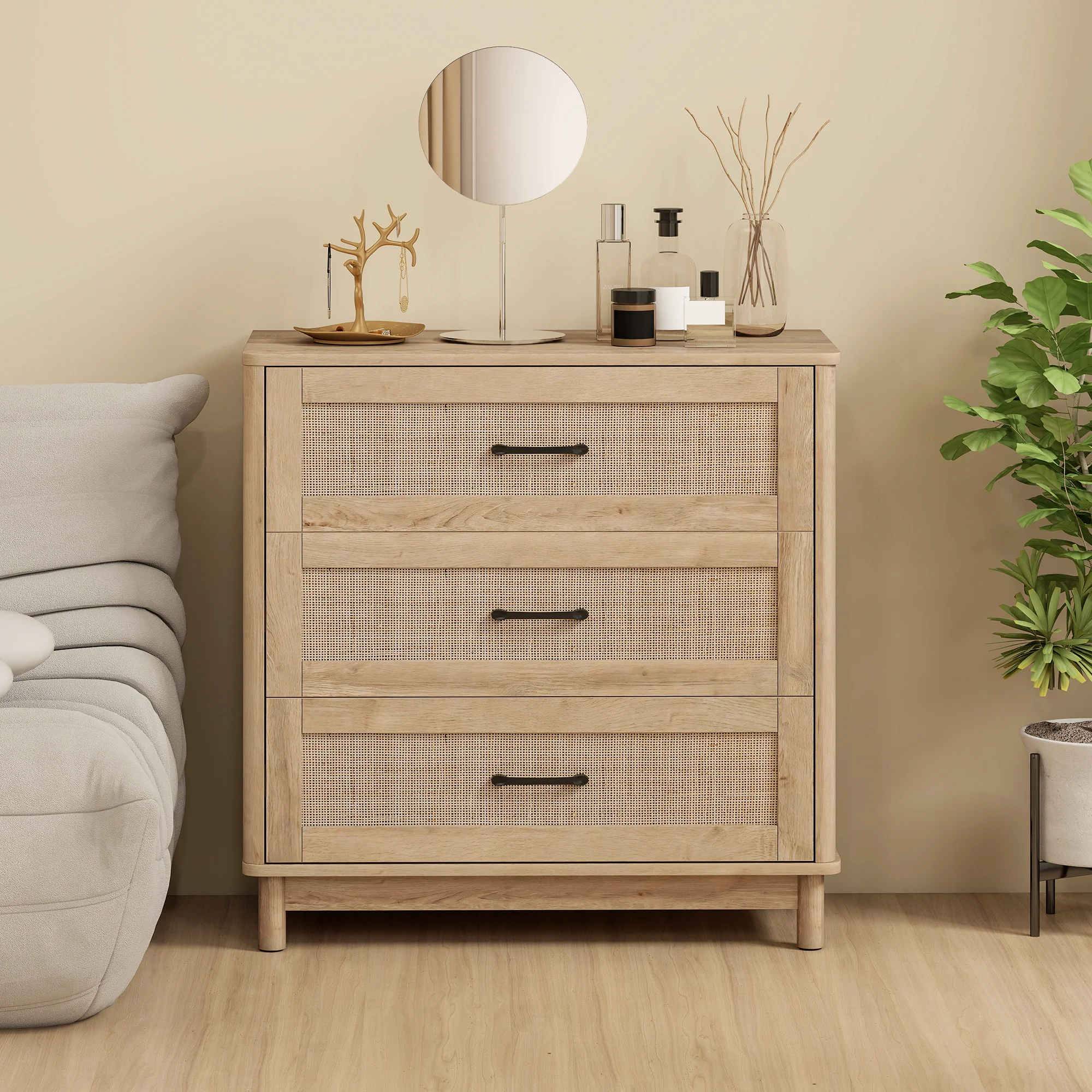 HOMCOM 3 Drawer Chest Of Drawers, Wide Storage Unit For Living Room, Oak - Image 7