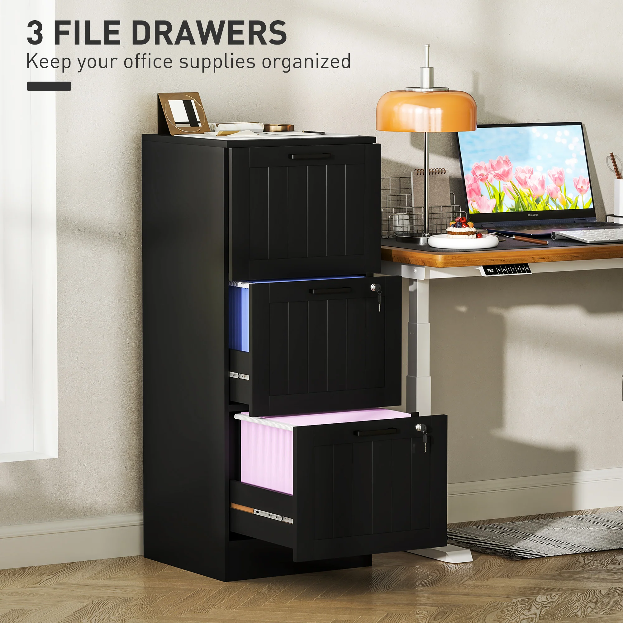 HOMCOM 3 Drawer File Cabinet with Lock and Adjustable Hanging Bars, Black - Image 3
