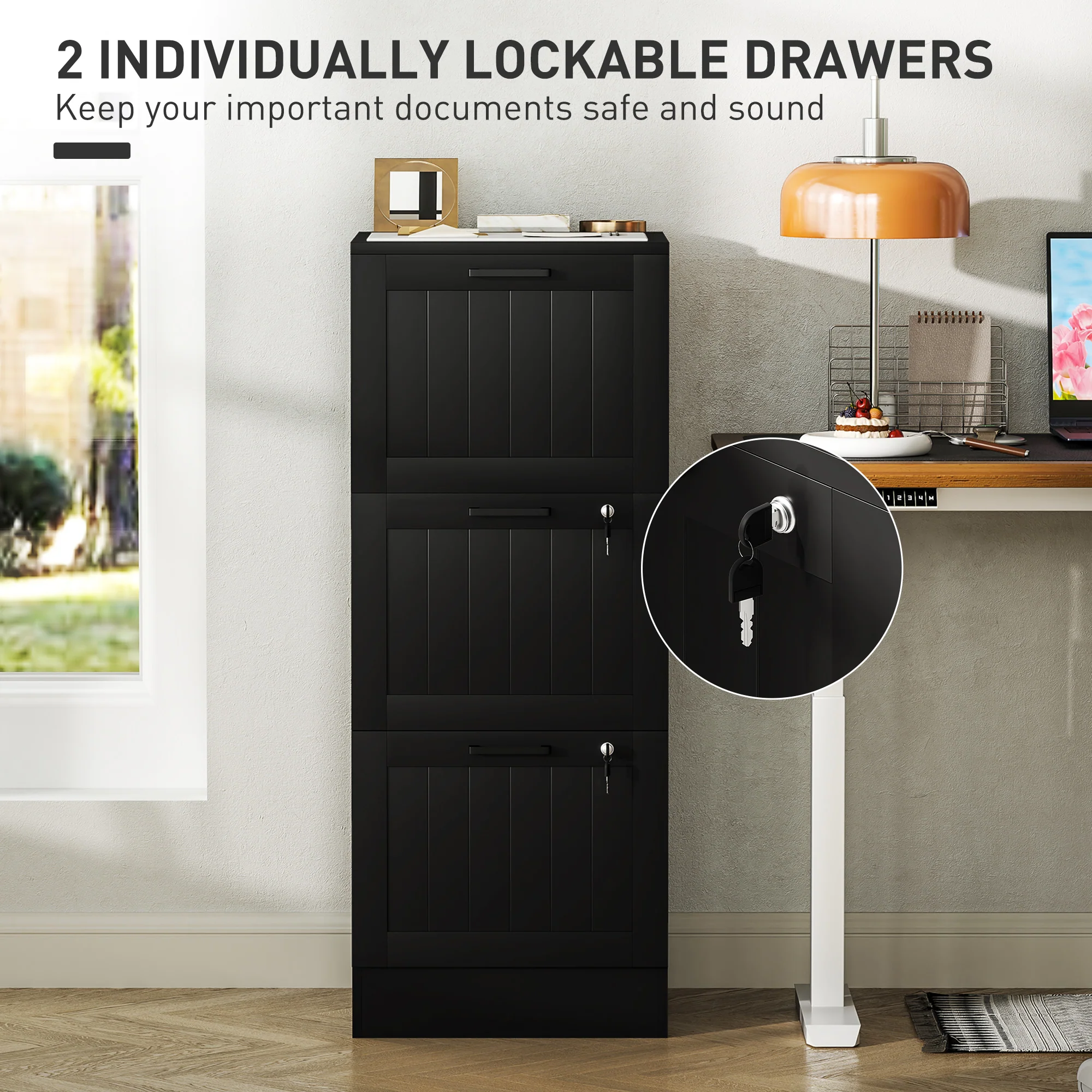 HOMCOM 3 Drawer File Cabinet with Lock and Adjustable Hanging Bars, Black - Image 6